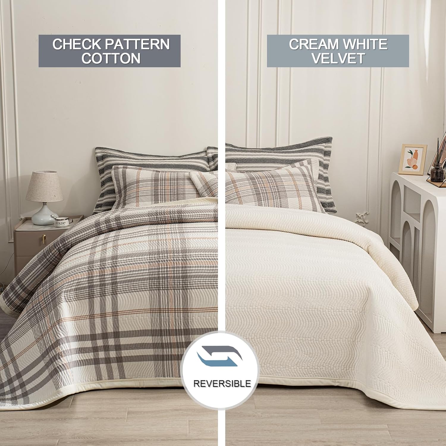 Tohrisa Cotton Plaid Quilt Set - 3 Piece King Size Reversible Bedding