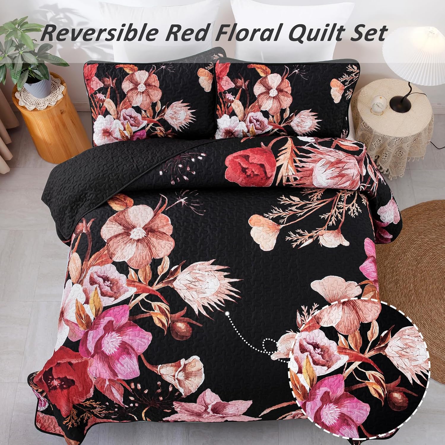 Drucon Red Floral Queen Quilt Set 3 Piece