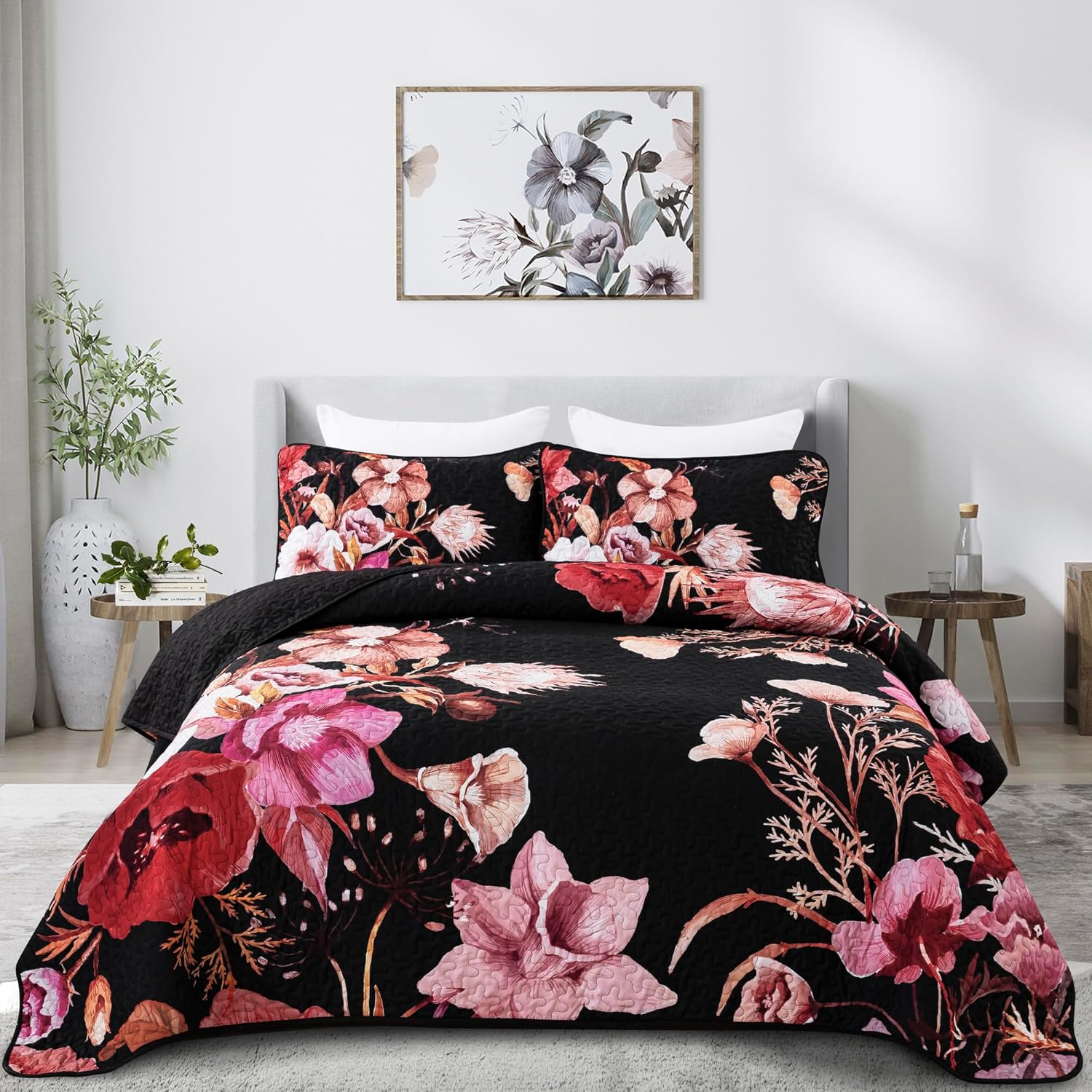 Drucon Red Floral Queen Quilt Set 3 Piece