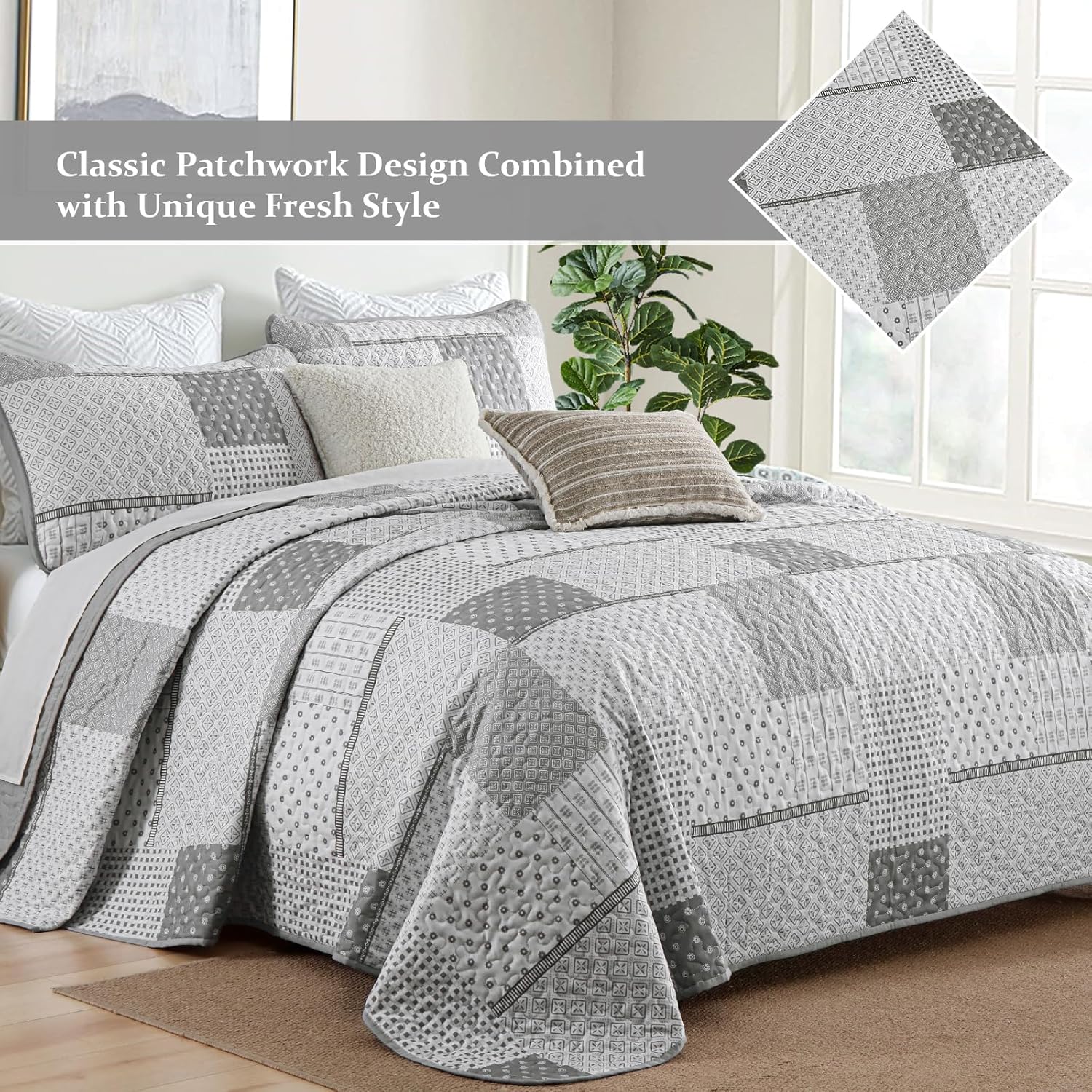 WONGS BEDDING 3 Piece Quilt Set Queen Size Grey