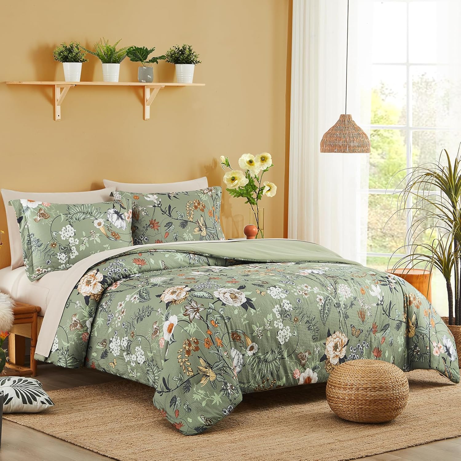 CASAAGUSTO Green Butterfly Queen Comforter Set 7PCS