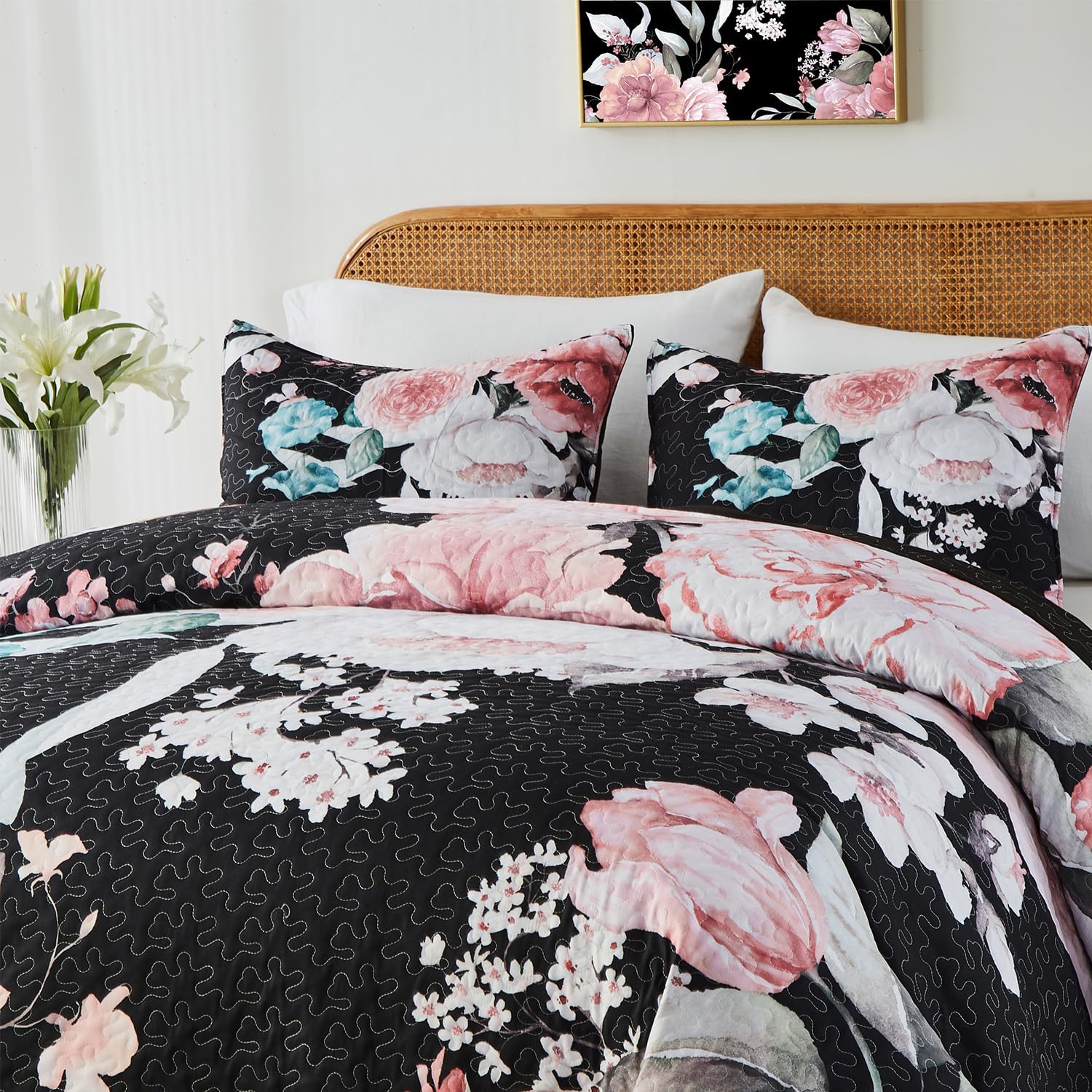 Yogeneg Pink Floral Full Queen Quilt Set