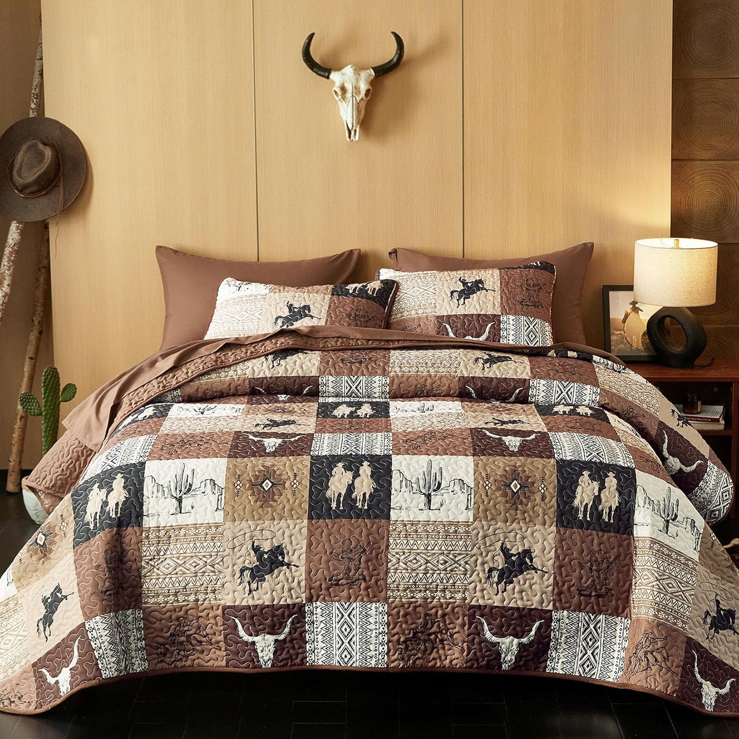 Wake In Cloud Western Quilt Set 3-Piece Tan Brown Twin XL