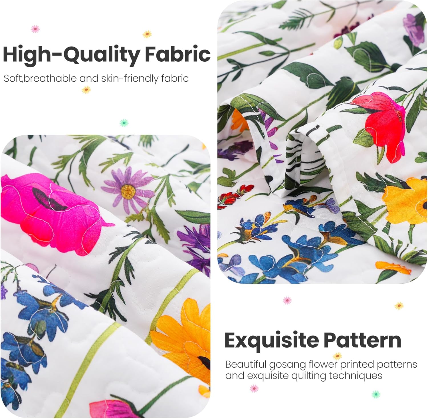 ROMROL Floral Queen Quilt Set 3 pcs Reversible Bedspread