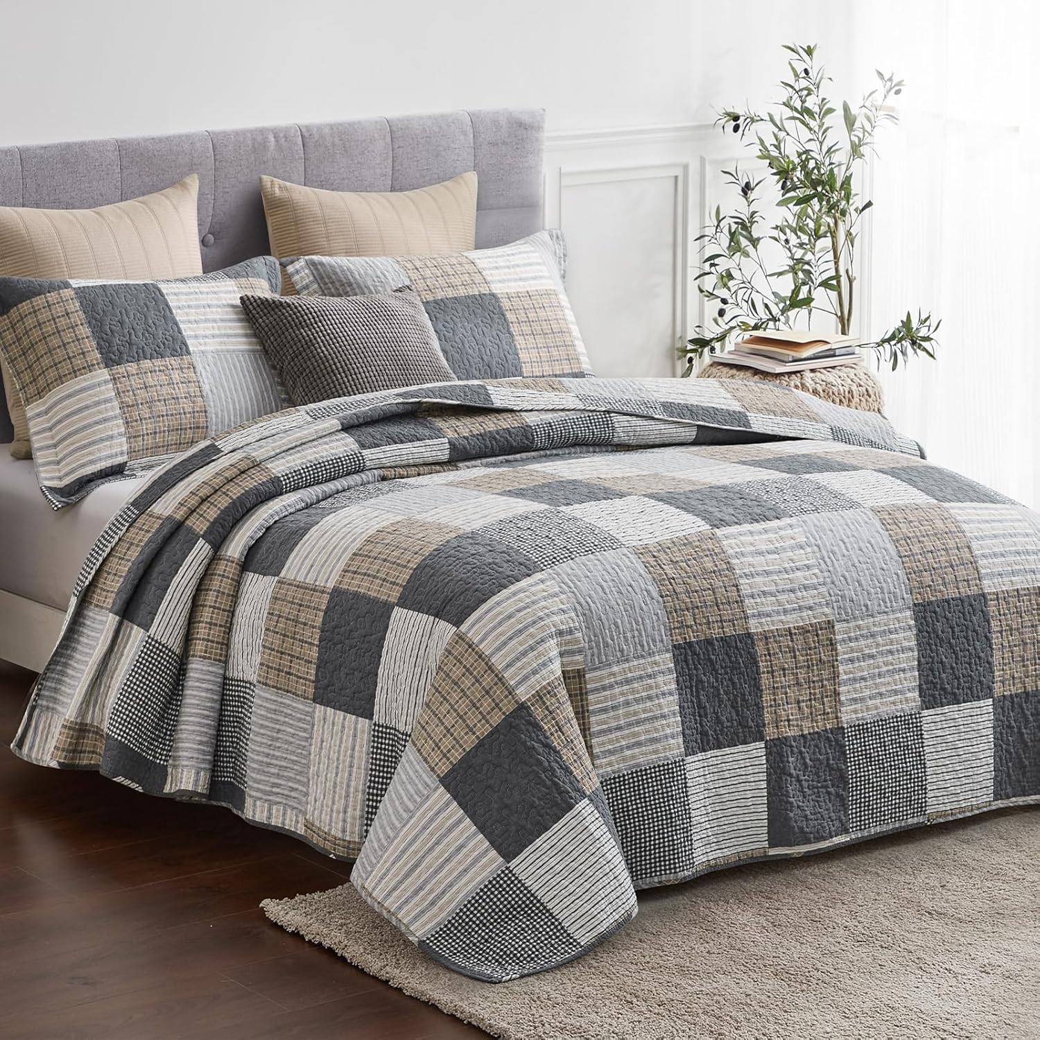 Y-PLWOMEN Plaid Twin Quilt Set 2-Pieces