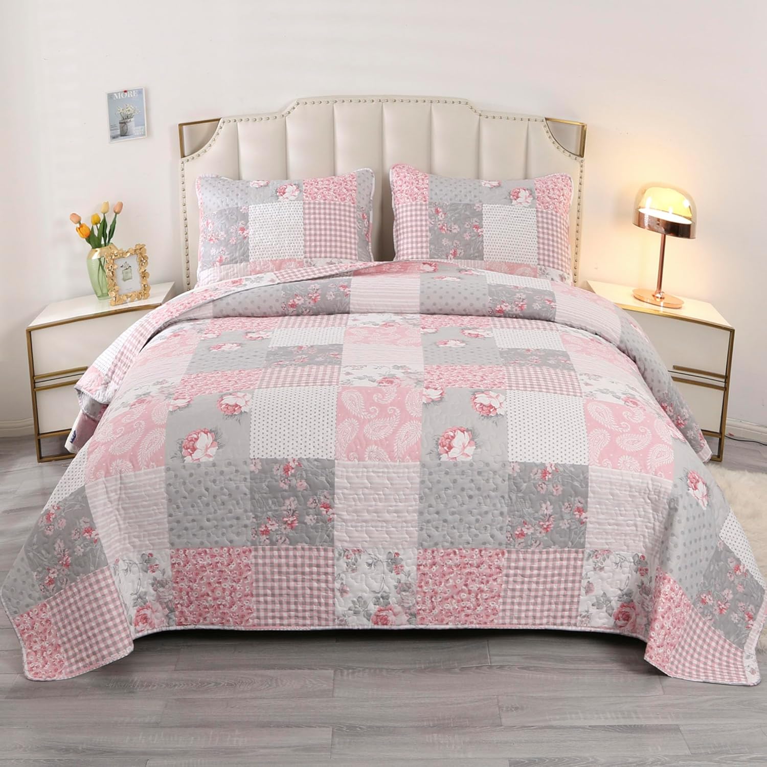 VIVILINEN Pink Full Queen Quilt Set Reversible