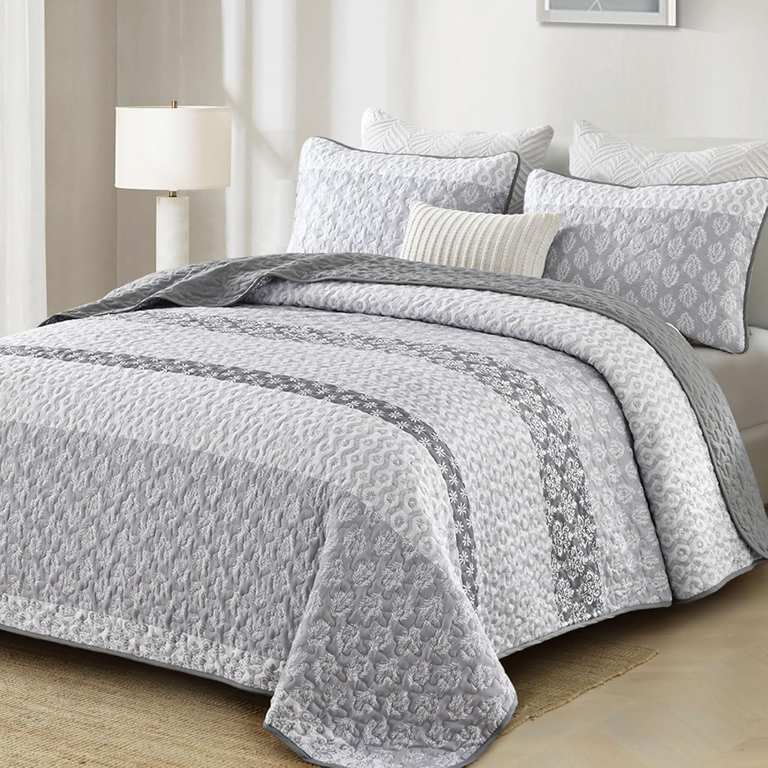 Boho Quilt Set Full Size Gray Striped Bedding 3 Pieces