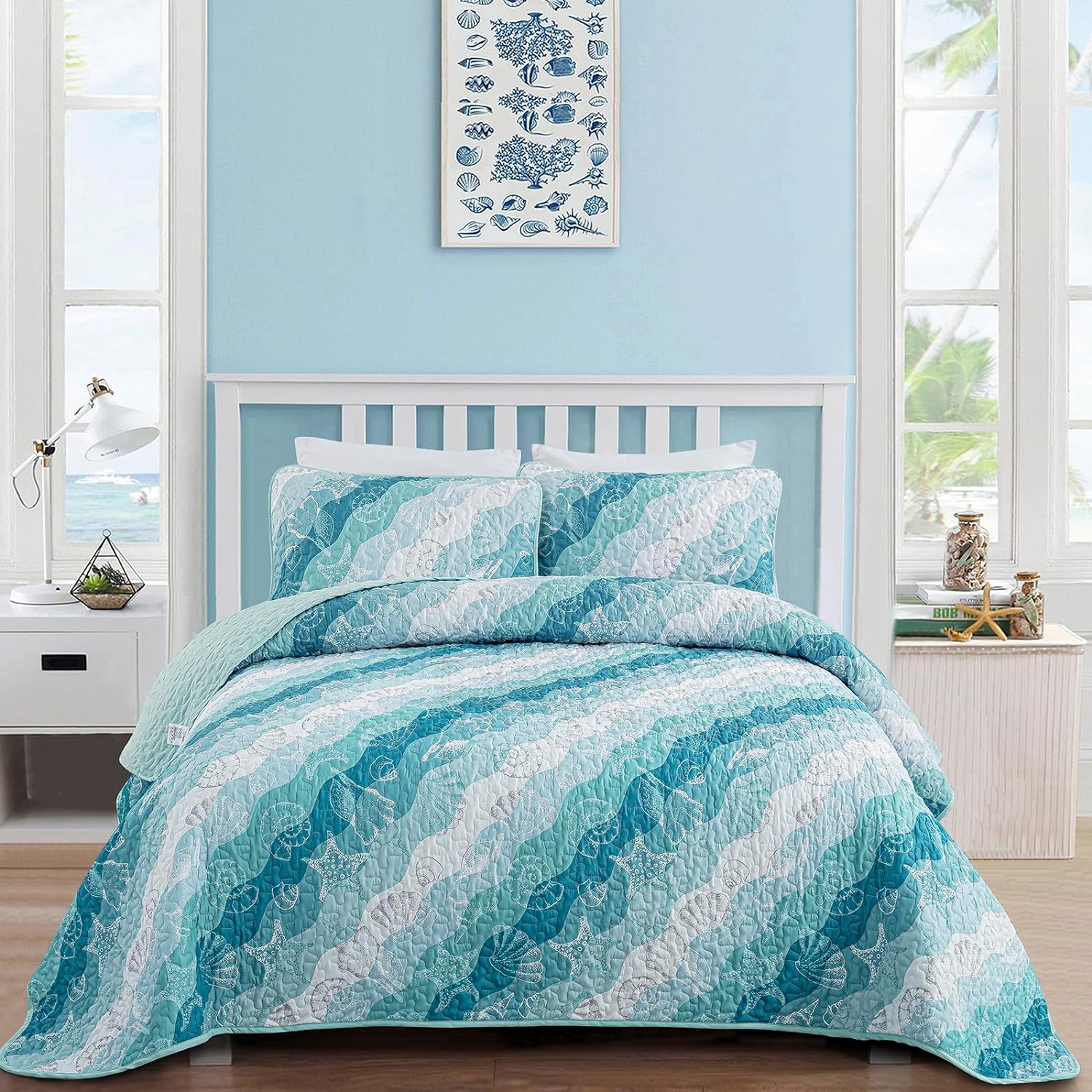 Dinjoy Coastal Blue Green Queen Quilt Set