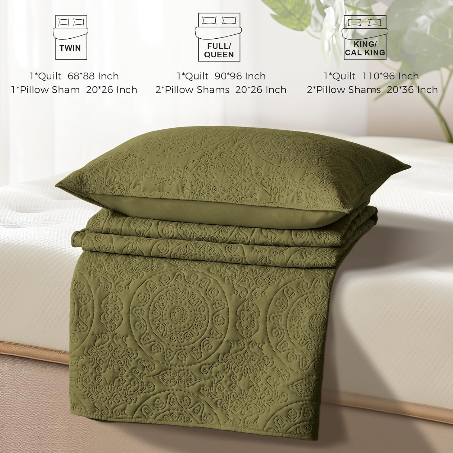 WURUIBO Olive Green Quilt Set King Size