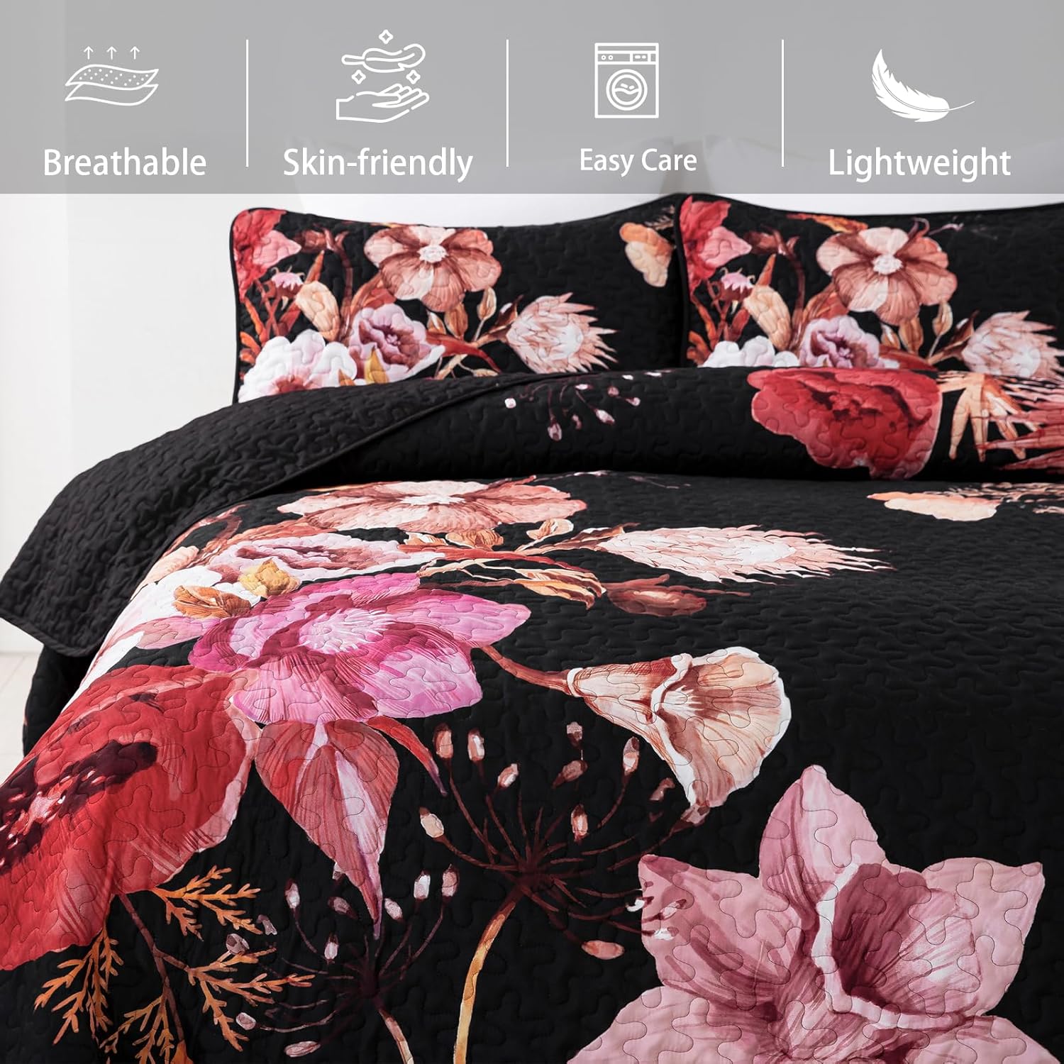 Drucon Red Floral Queen Quilt Set 3 Piece