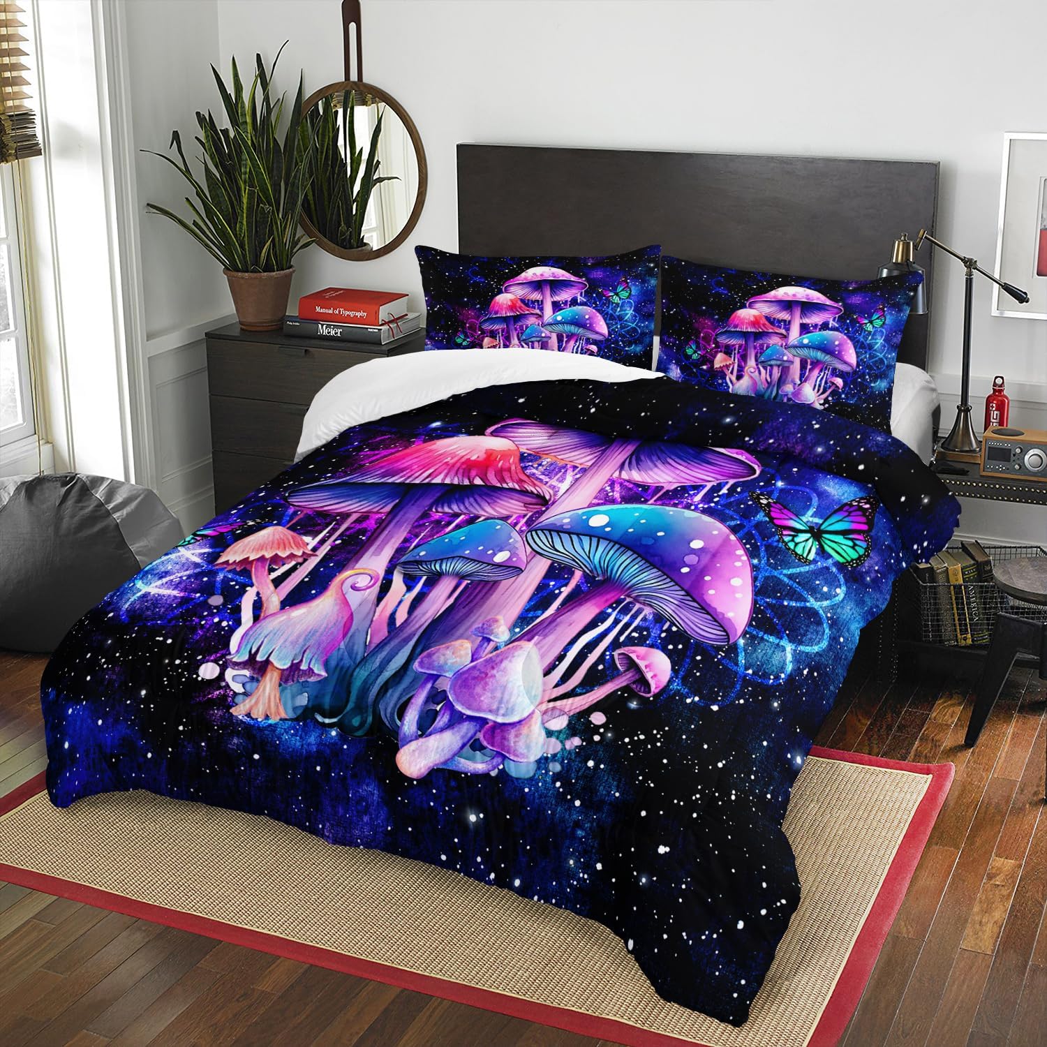 Fantasy Mushrooms Comforter Set Full - 3 Pieces Violet Down Alternative Quilt Bedding