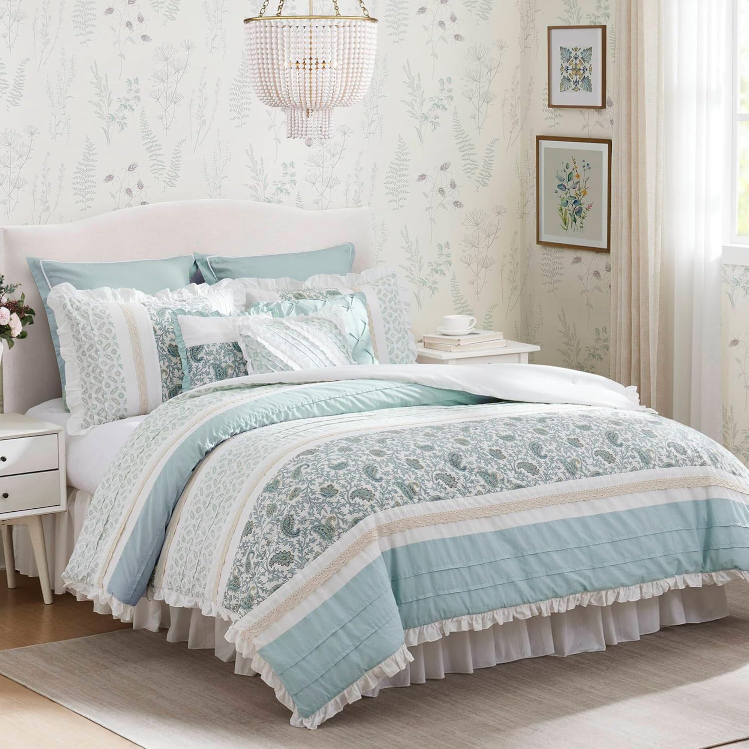 Madison Park Dawn 9-Piece Cotton Comforter Set - Shabby Chic Design Aqua