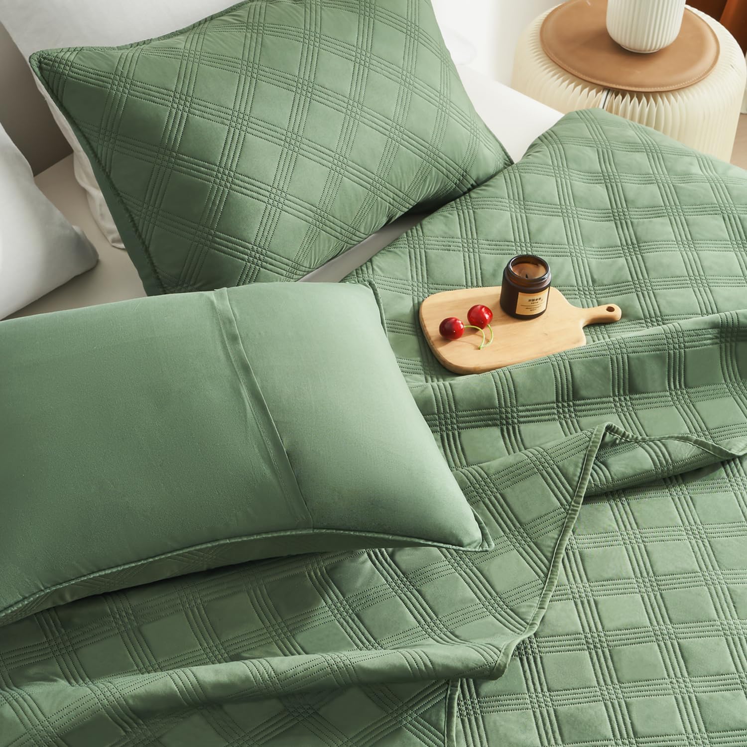 Inron King Size Quilt Set Olive Green Microfiber