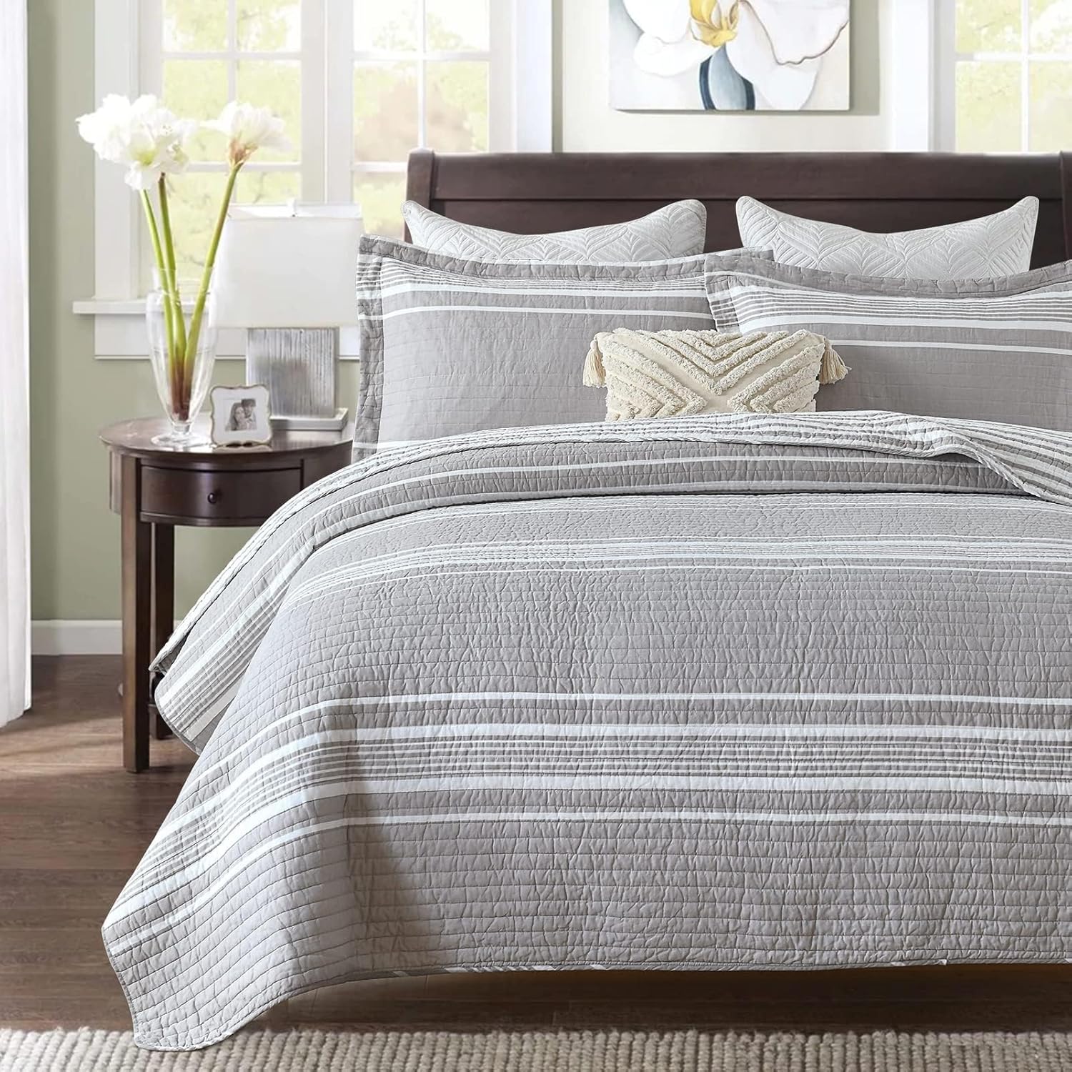 SahSahCasa Queen Quilt Set 3-Piece GrayWhite
