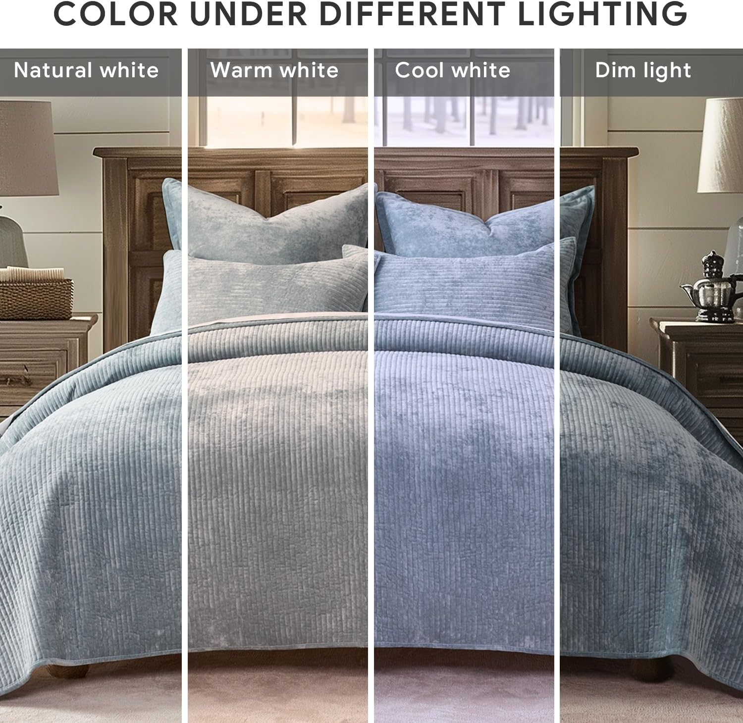 EVERGRACE Velvet Quilt Set King Size - Blue Linen