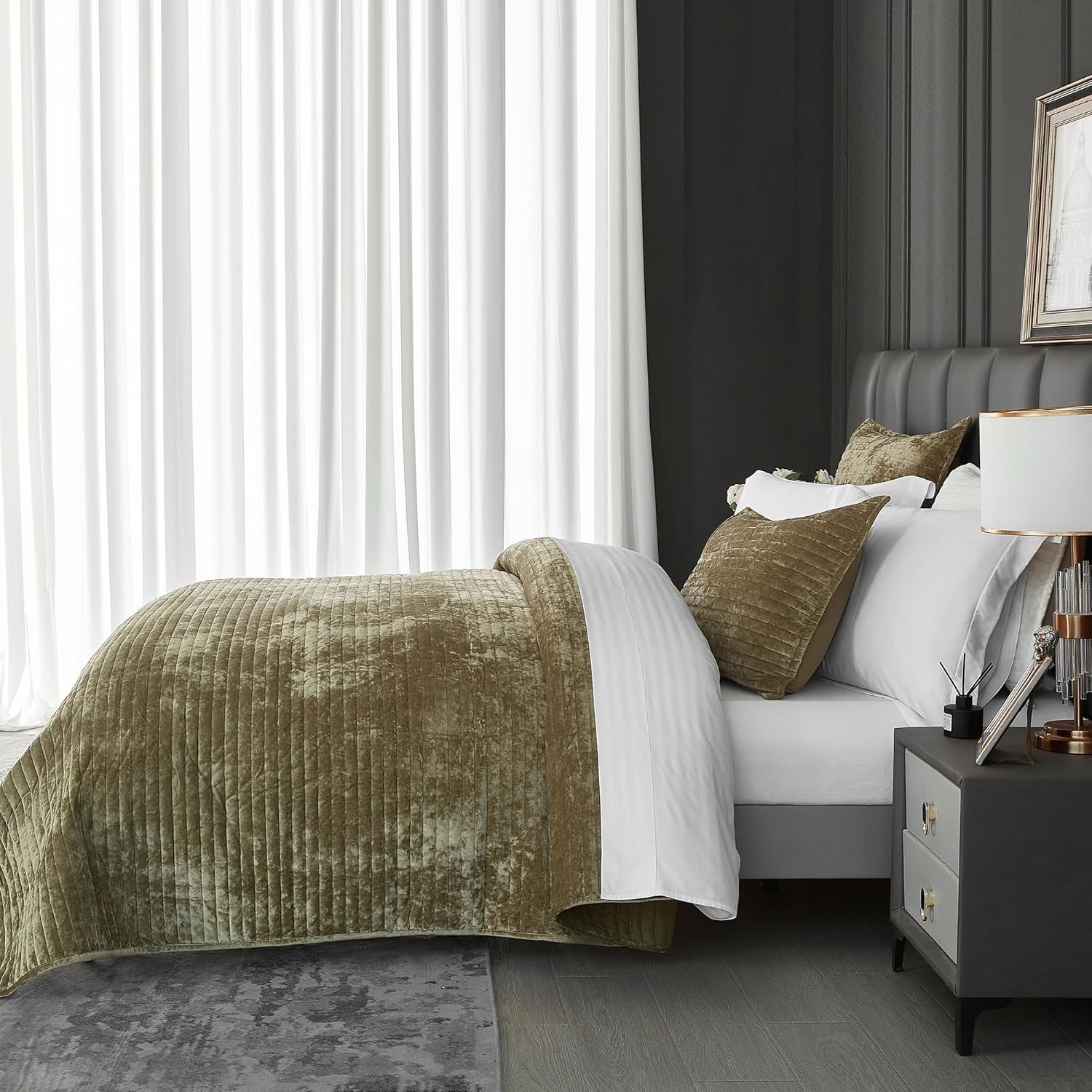 Weigelia Velvet Quilt Set Olive Green Striped Queen Size