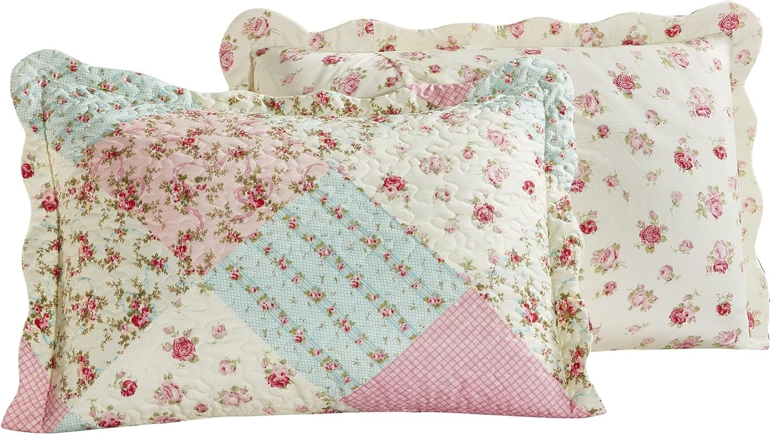 Brilliant Sunshine Pink Green Rose Patchwork Pillowshams Set