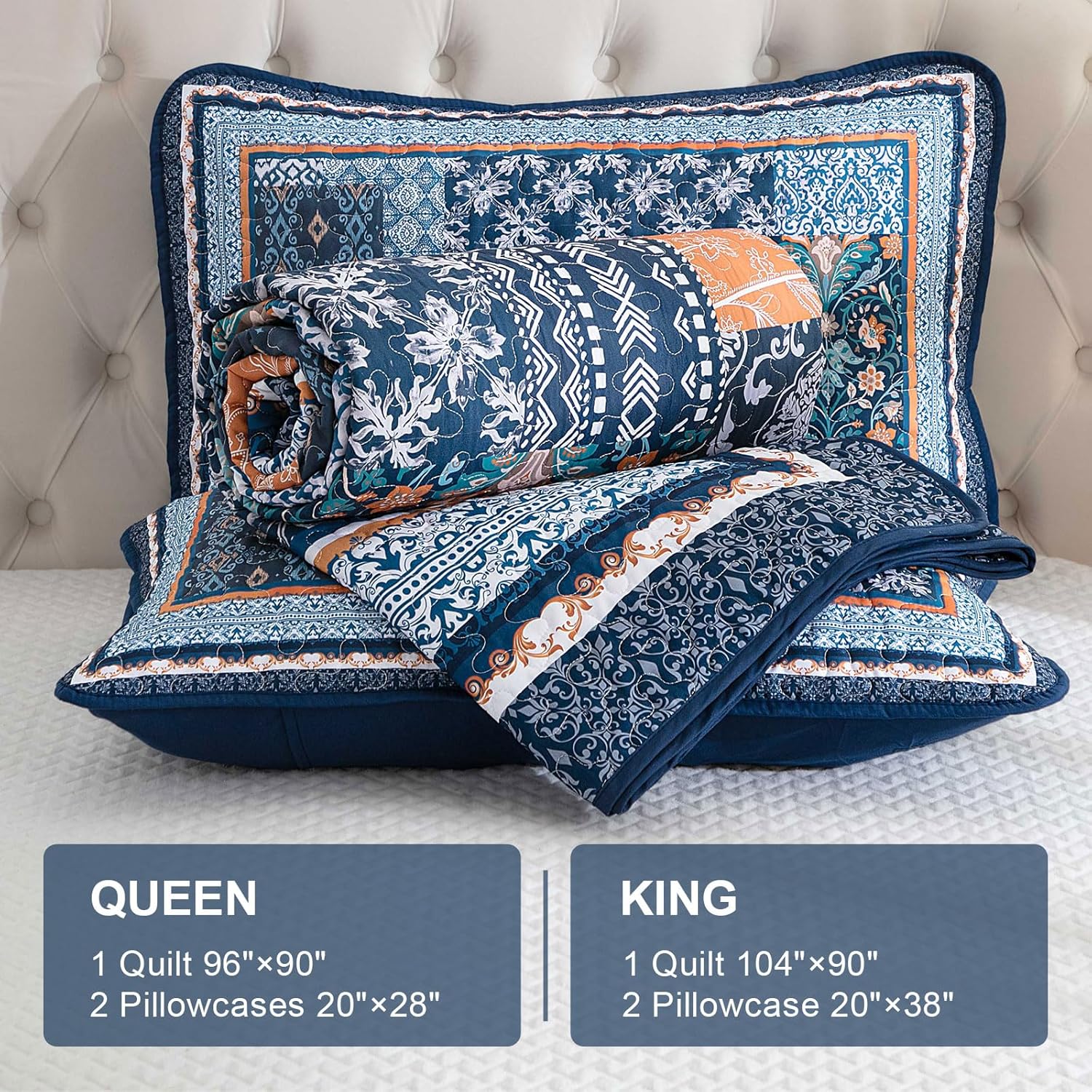 Navy Blue Bohemian Quilt Set Queen Size 96x90