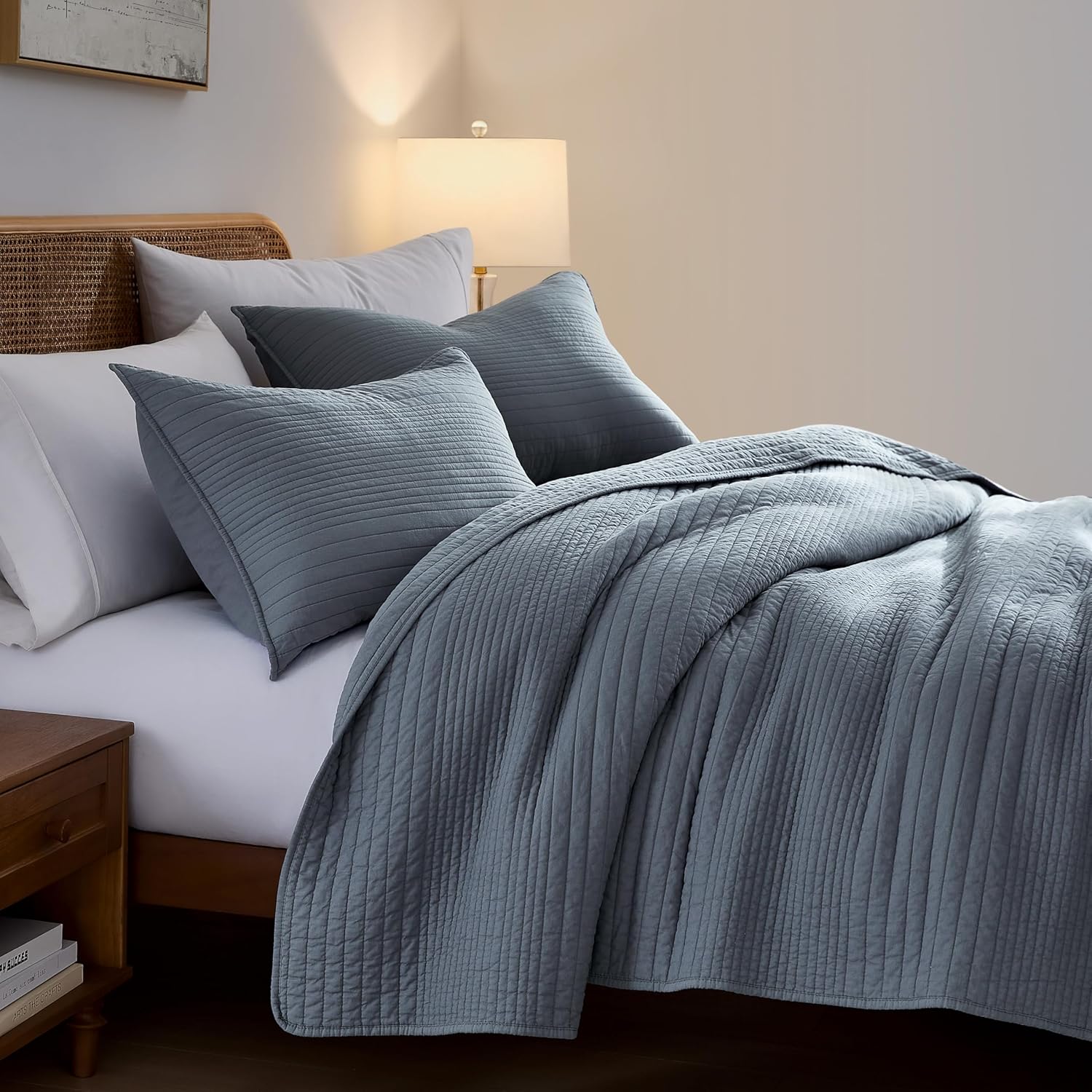 Palassio Striped Blue Grey Cotton Quilt Set King Size 2 Shams
