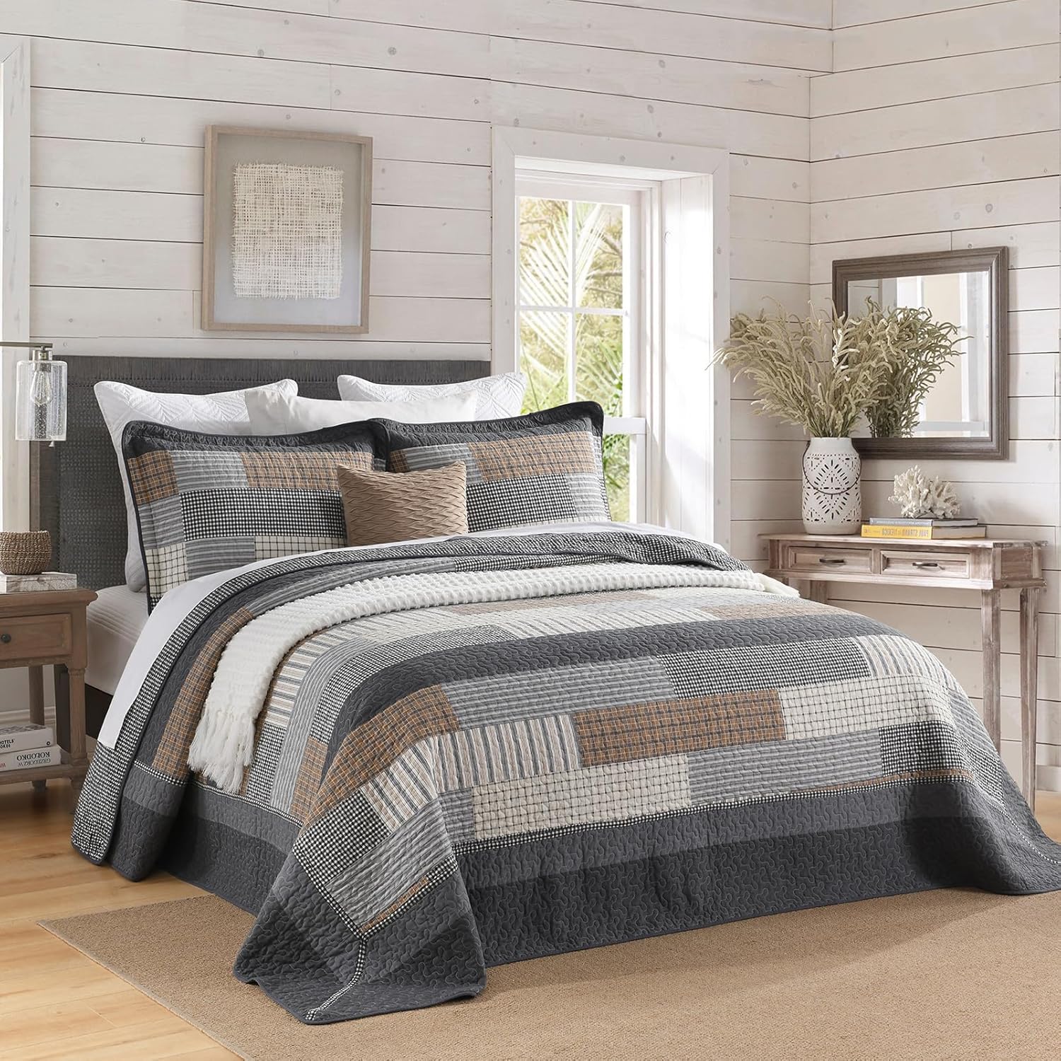 Soforpring 100 Cotton Cal King Bedspread Set - 120x120 Gray Farmhouse Plaid 3pcs