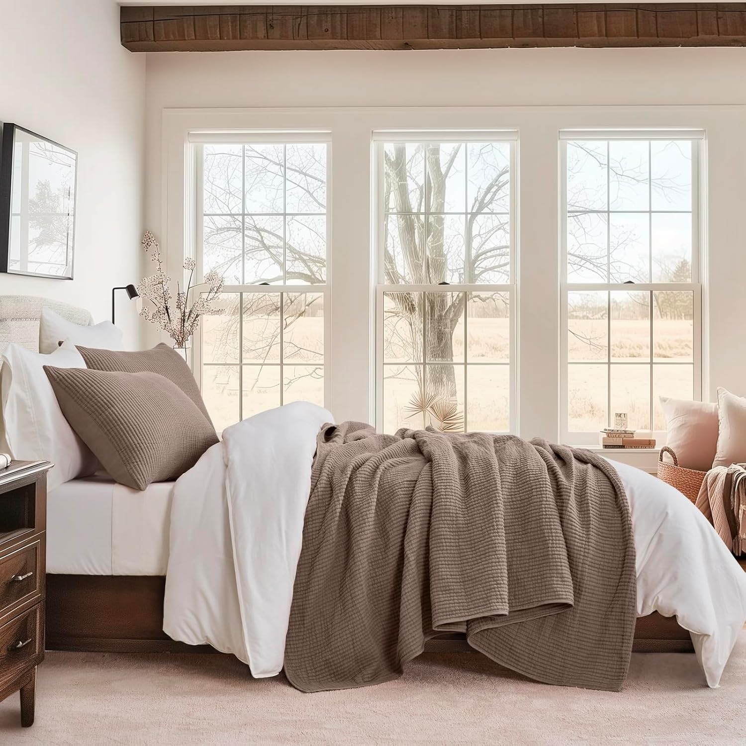 EVERGRACEHOME Cotton Coverlet Set Full Queen 3 Piece Mocha Brown