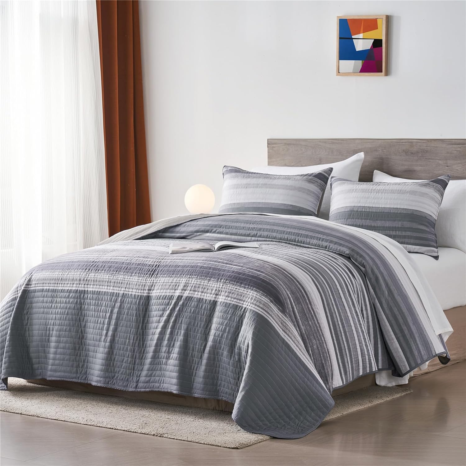 KAKIJUMN Quilt Set Full Queen White Grey Striped Bedding Coverlet with Pillow Shams