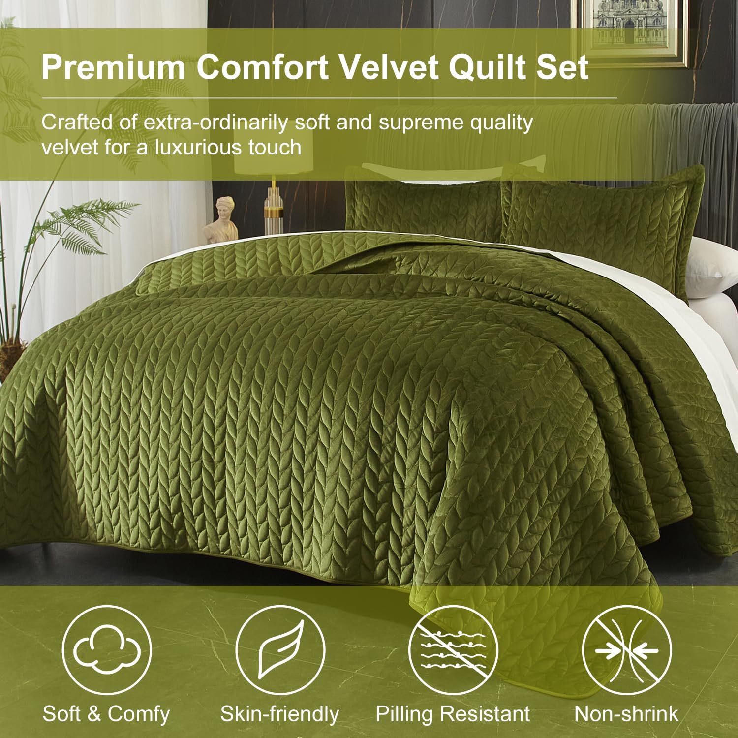Ivellow Velvet Quilt Set King Size Green