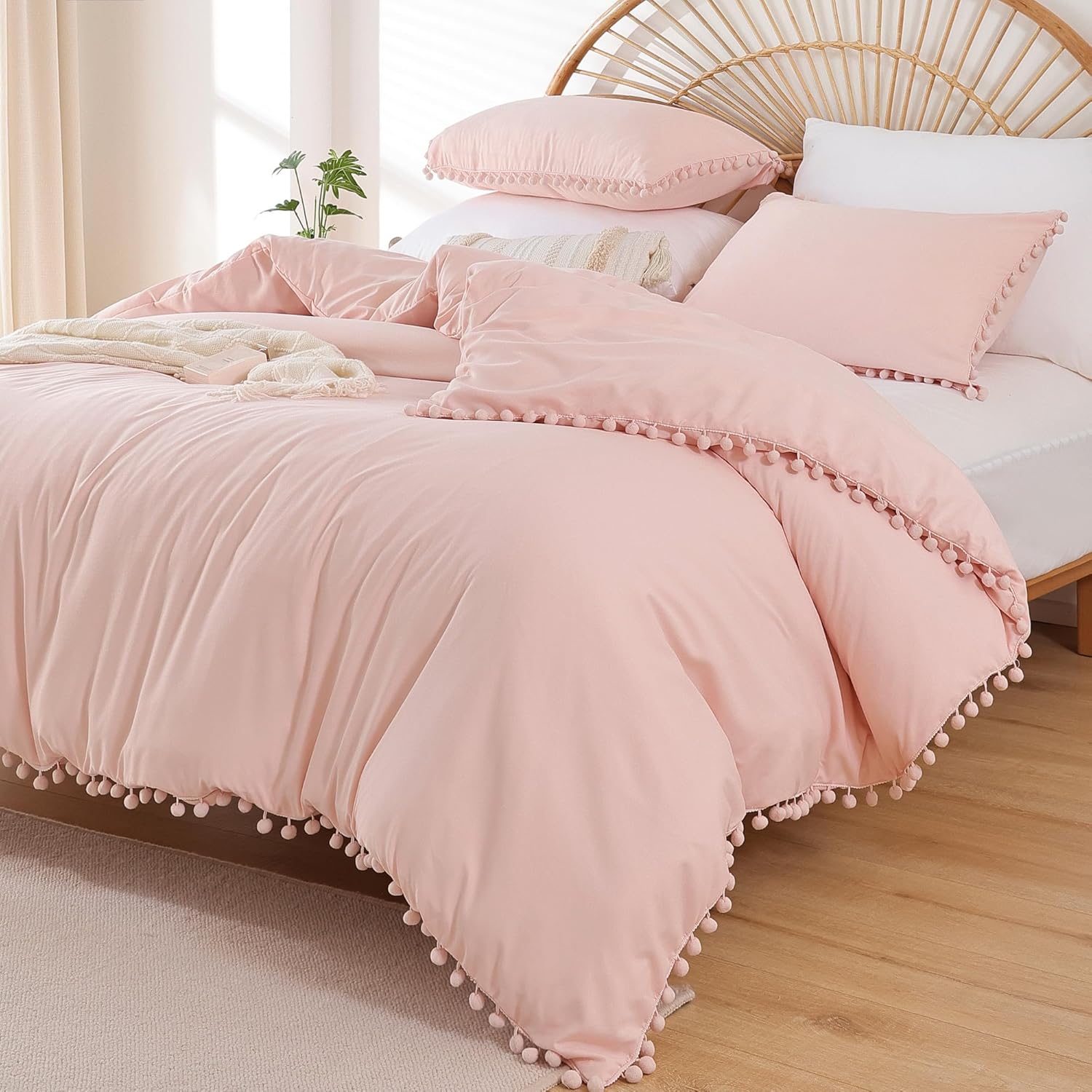 YIRDDEO Queen Comforter Set - 3 Piece with Pom Fringe Blush