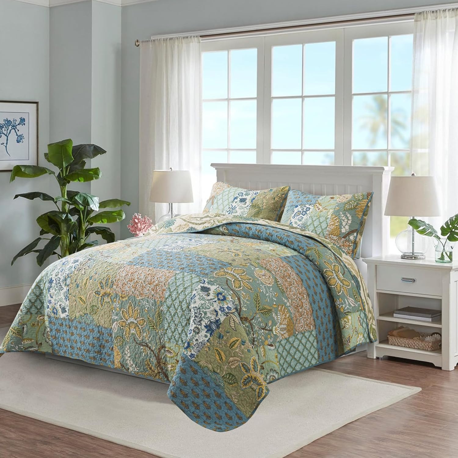 NEWLAKE King Size Quilt Set - 100 Cotton Patchwork Reversible Bedspread