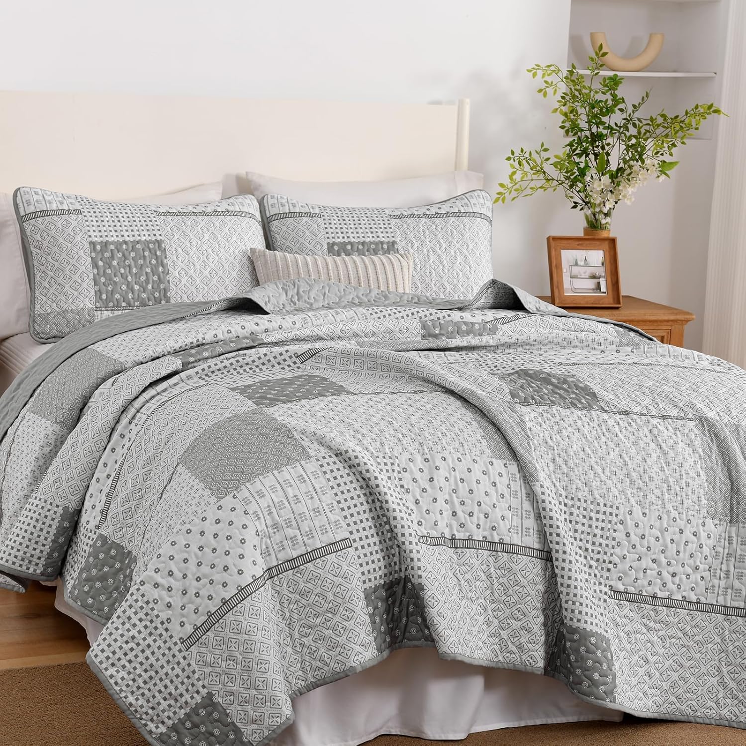 WONGS BEDDING 3 Piece Quilt Set Queen Size Grey