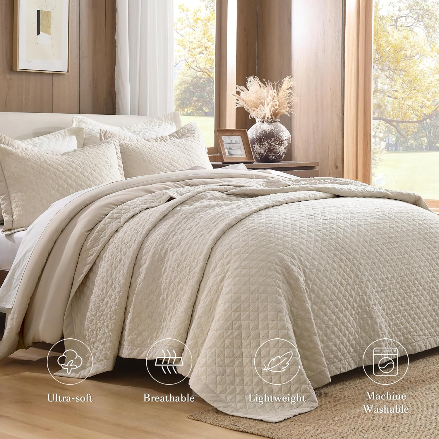 Grassix Queen Linen Front Cotton Back Quilt Set 3 Piece
