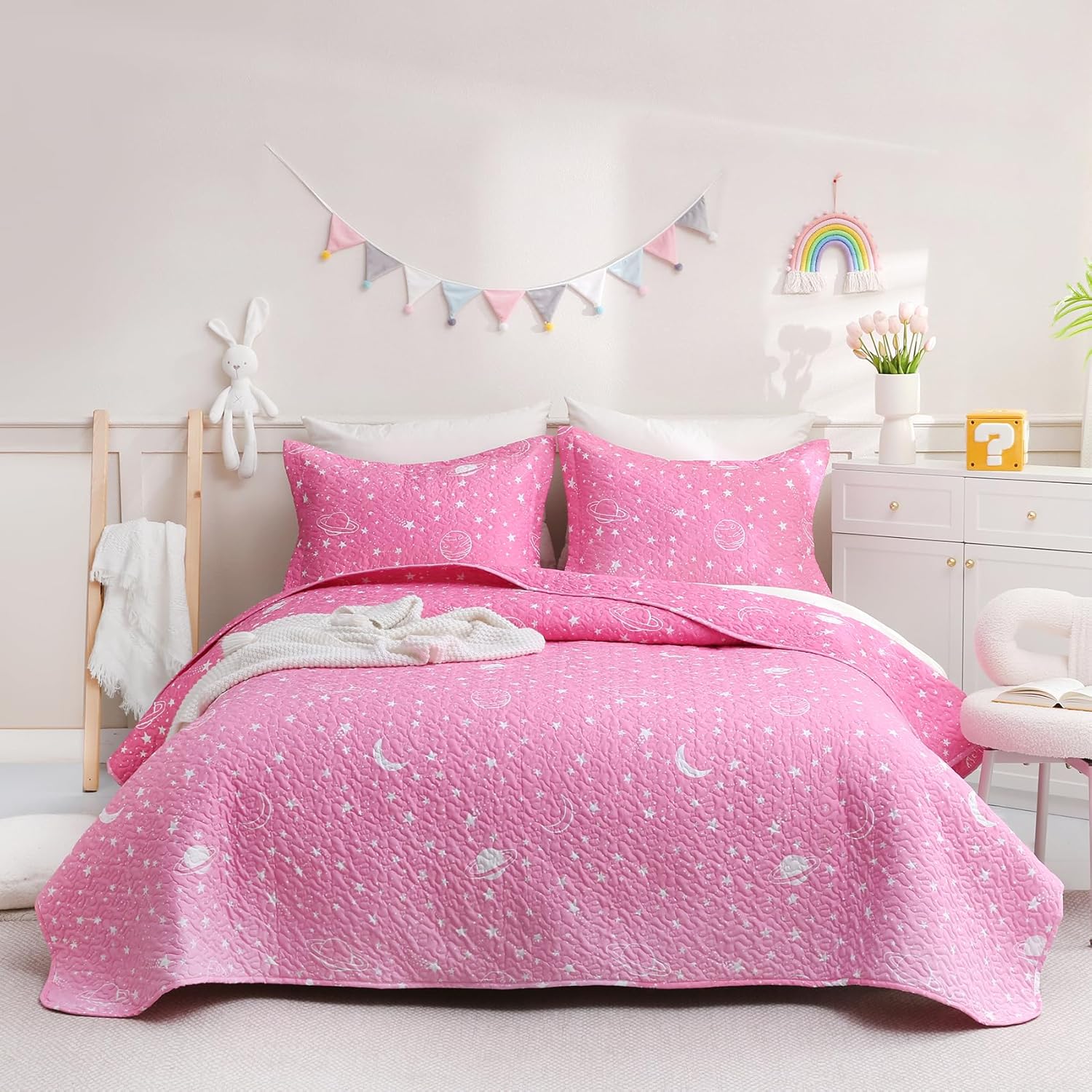 JSD Gradient Pink Stars Kids Quilt Set Full Queen Space Theme