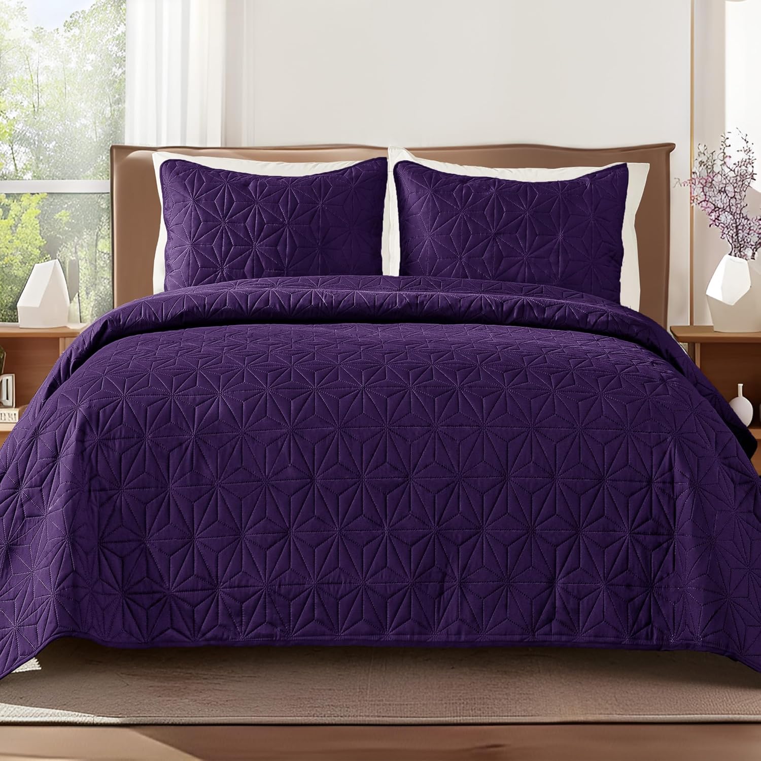 Whale Flotilla Twin Quilt Bedding Set with Geometric Star Pattern