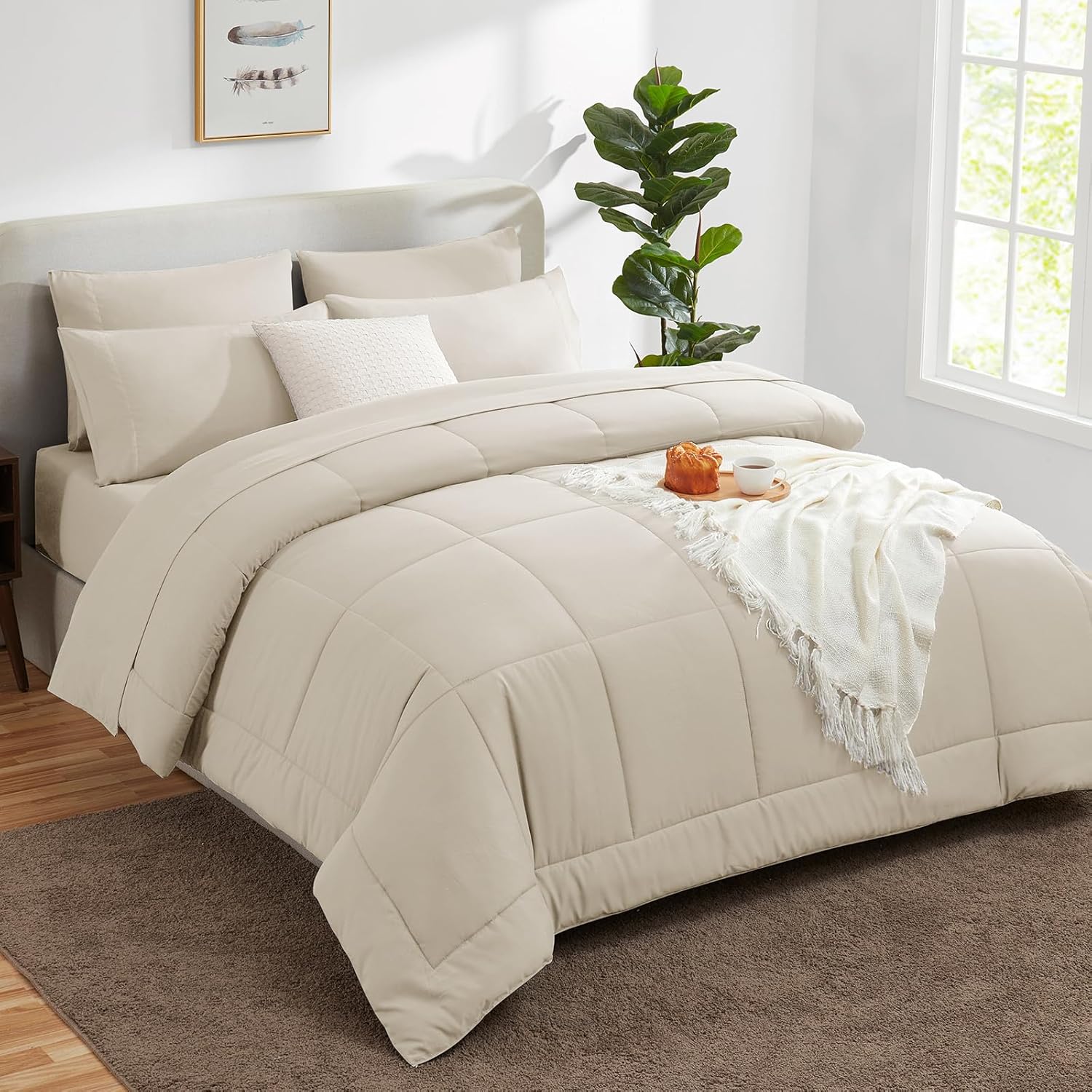 CozyLux Beige Cal King 7-Piece Bed in a Bag Comforter Set