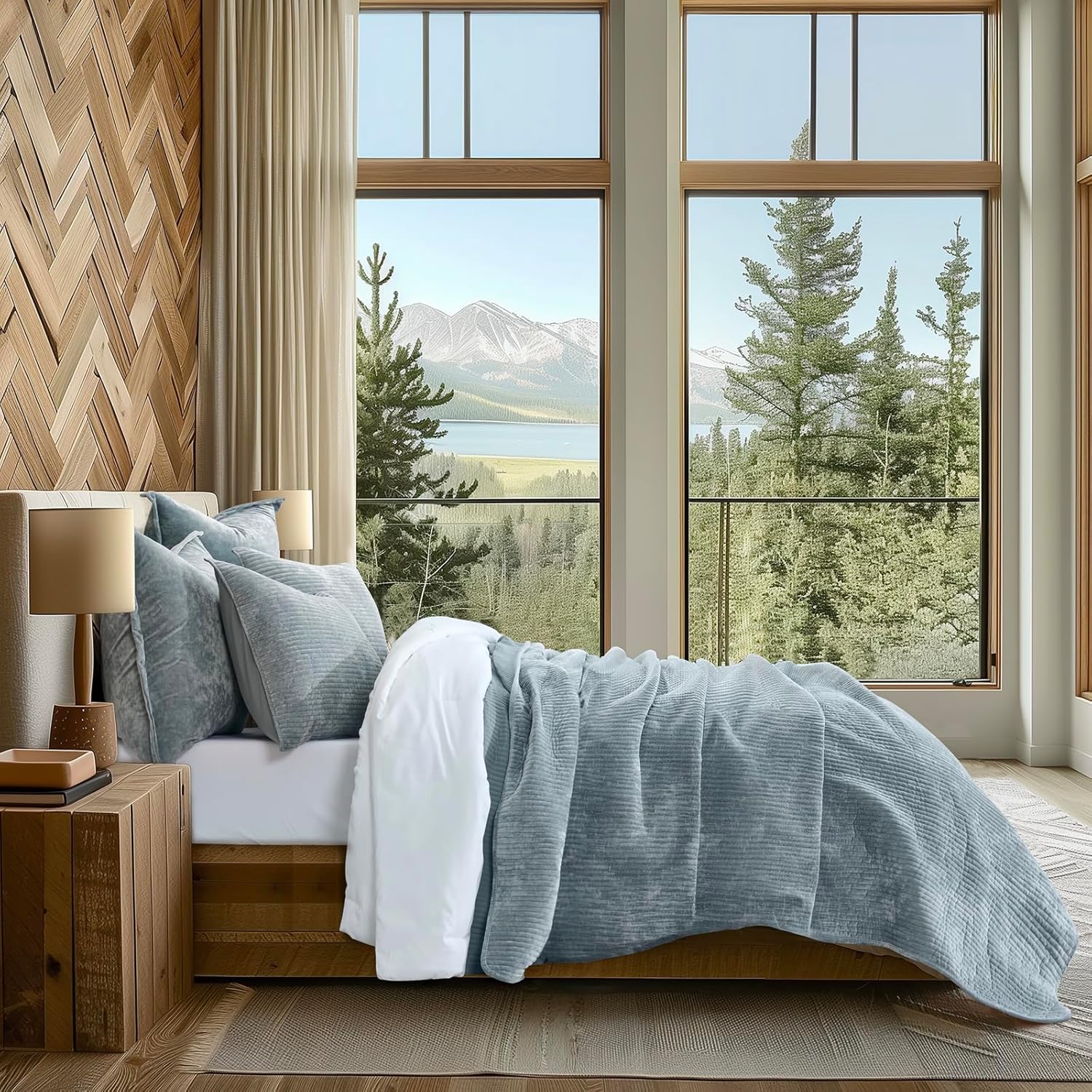 EVERGRACE Velvet Quilt Set King Size - Blue Linen