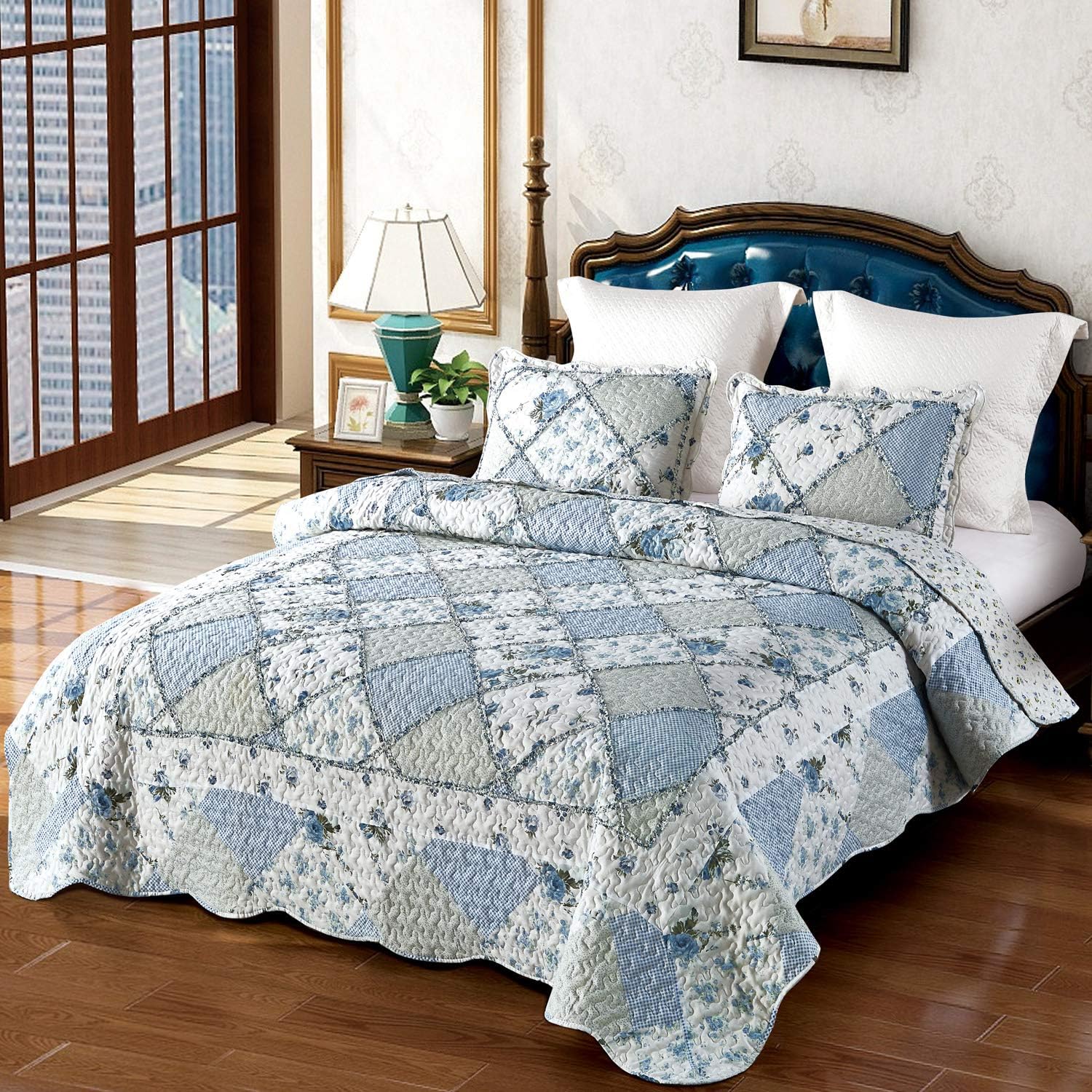 VIVILINEN Blue Floral Patchwork Quilt Set King Size Reversible