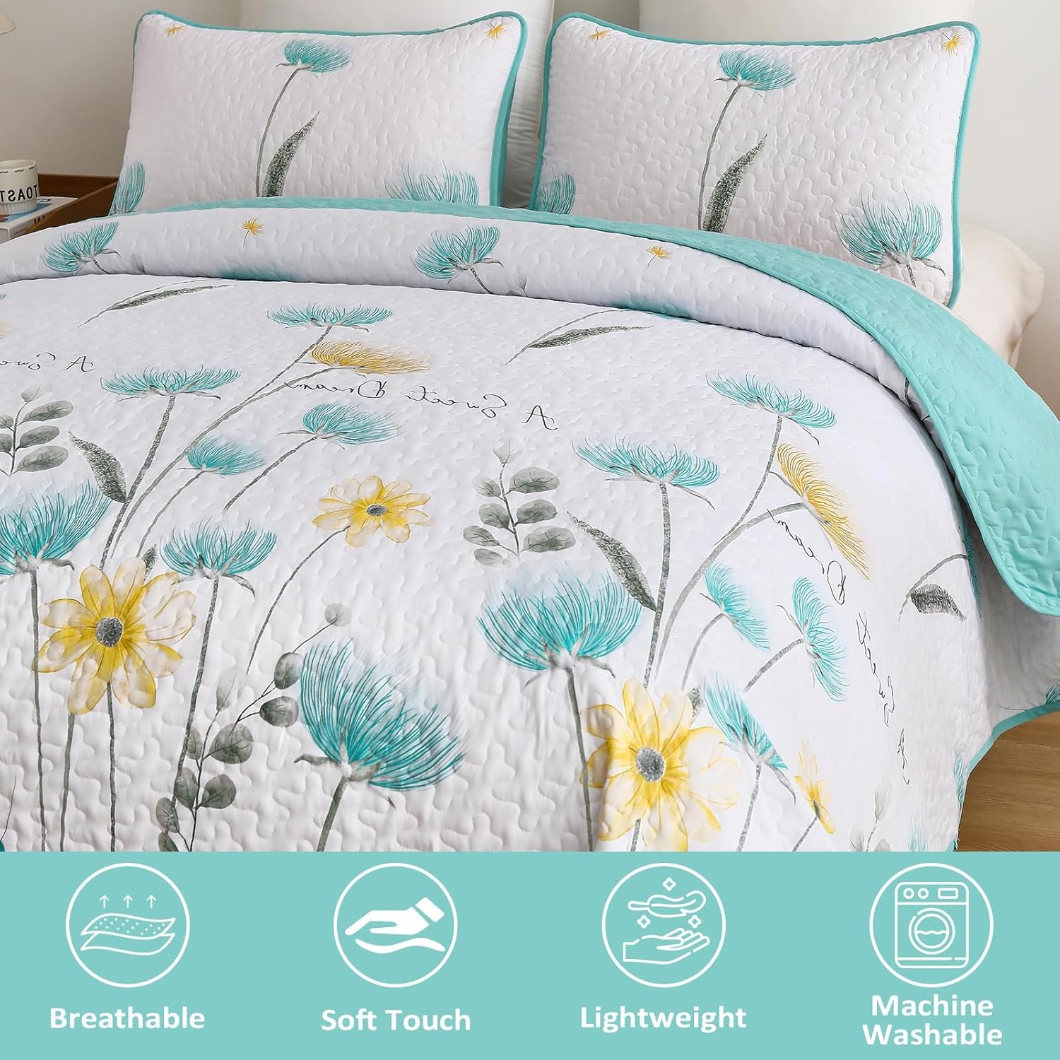 Dinjoy Floral Quilt Set Queen Size 3 Pieces 1