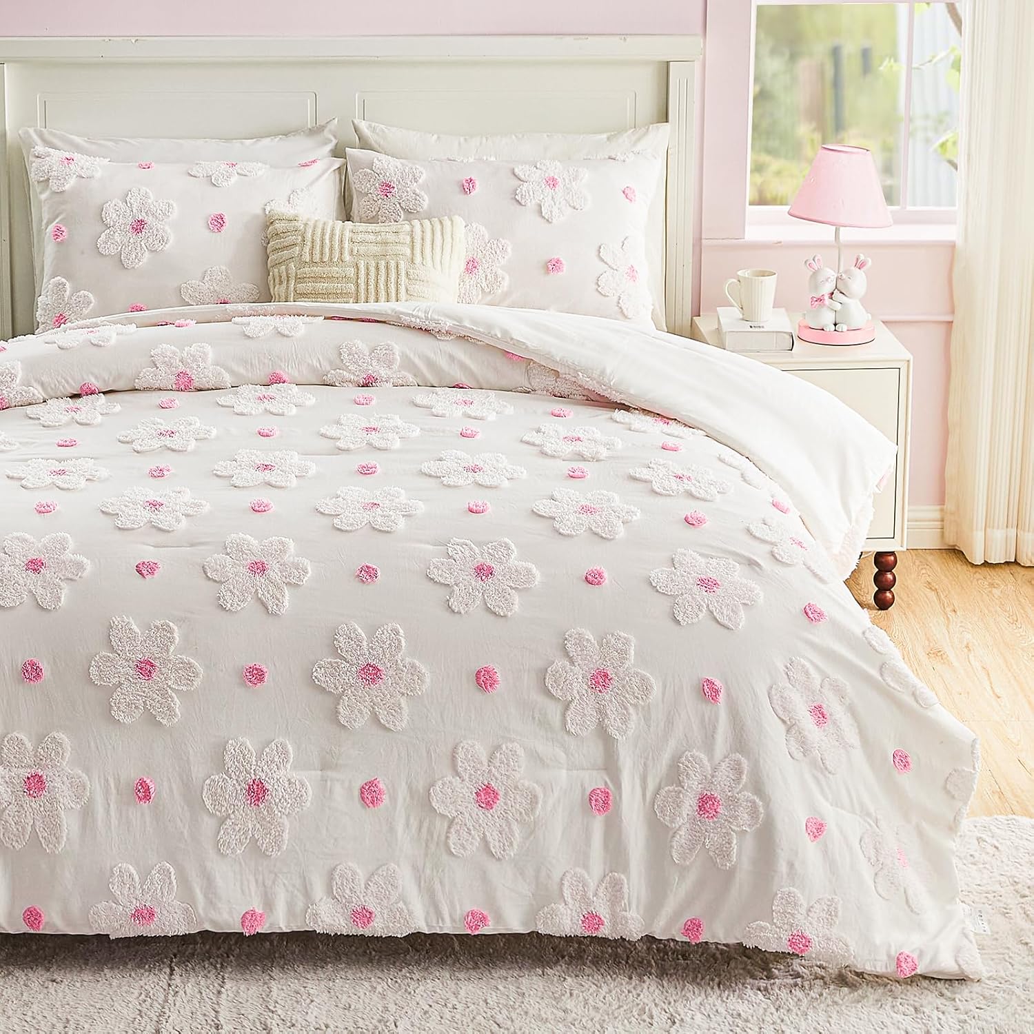 VIVILINEN Pink Floral Comforter Set for Girls 3-Piece