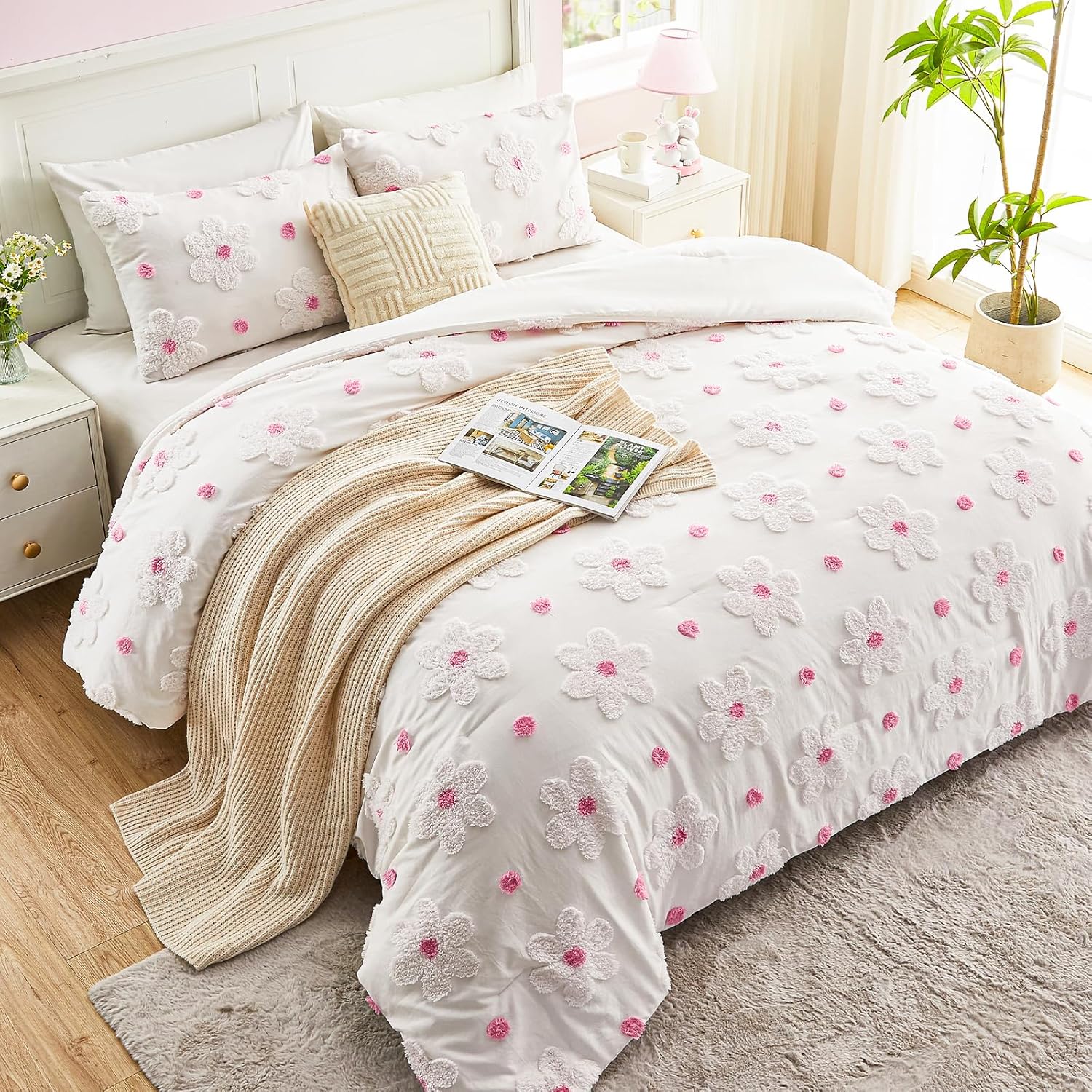 VIVILINEN Pink Floral Comforter Set for Girls 3-Piece