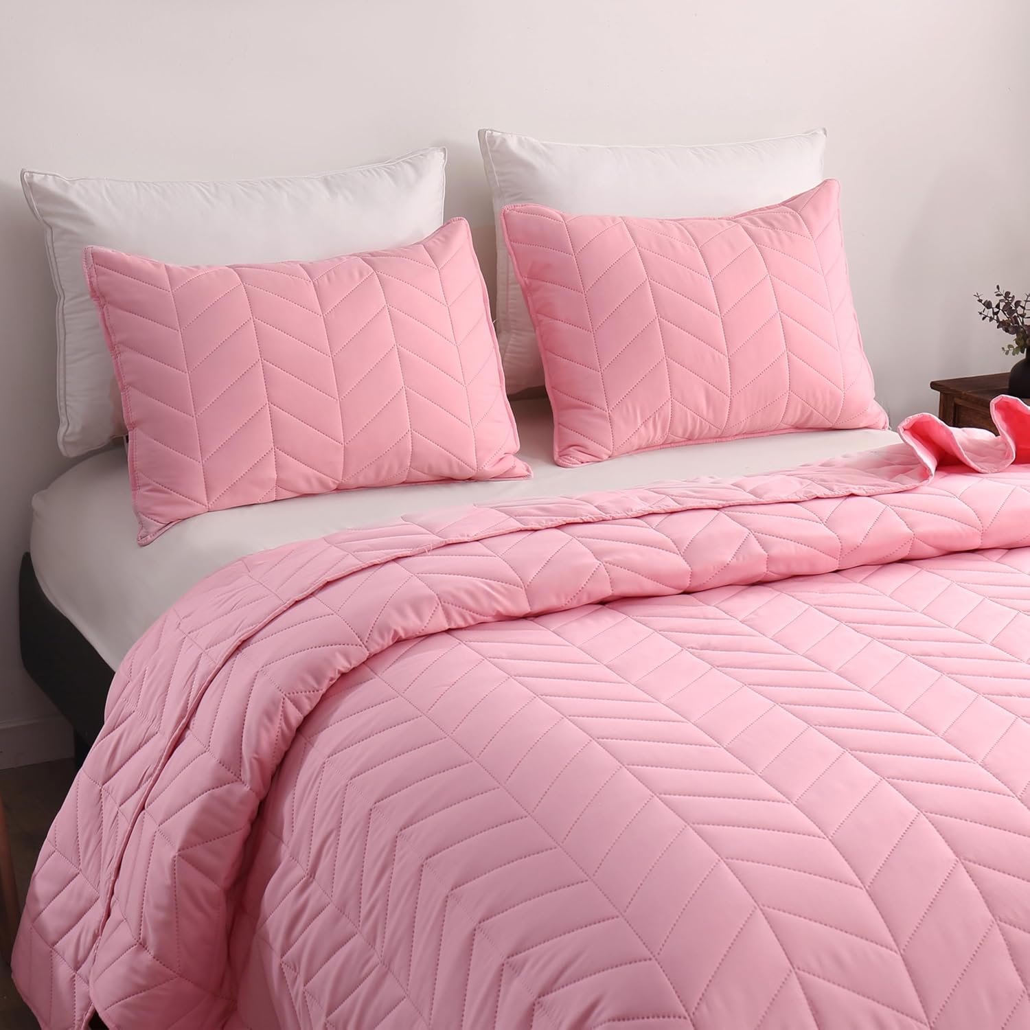 DOWNCOOL Pink Leaf Texture King Quilt Set 3PC