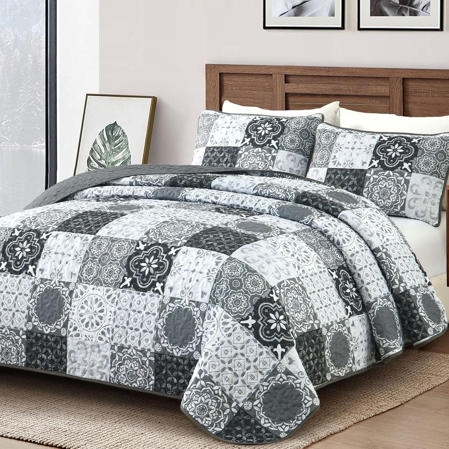 Dobuyly Grey Black Patchwork Quilt Set Queen Size
