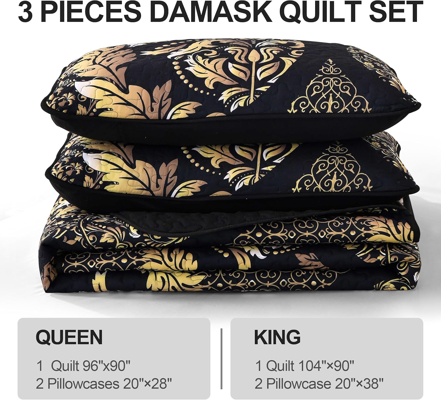 DJY Black Gold Damask Quilt Set 3 Pieces King Size
