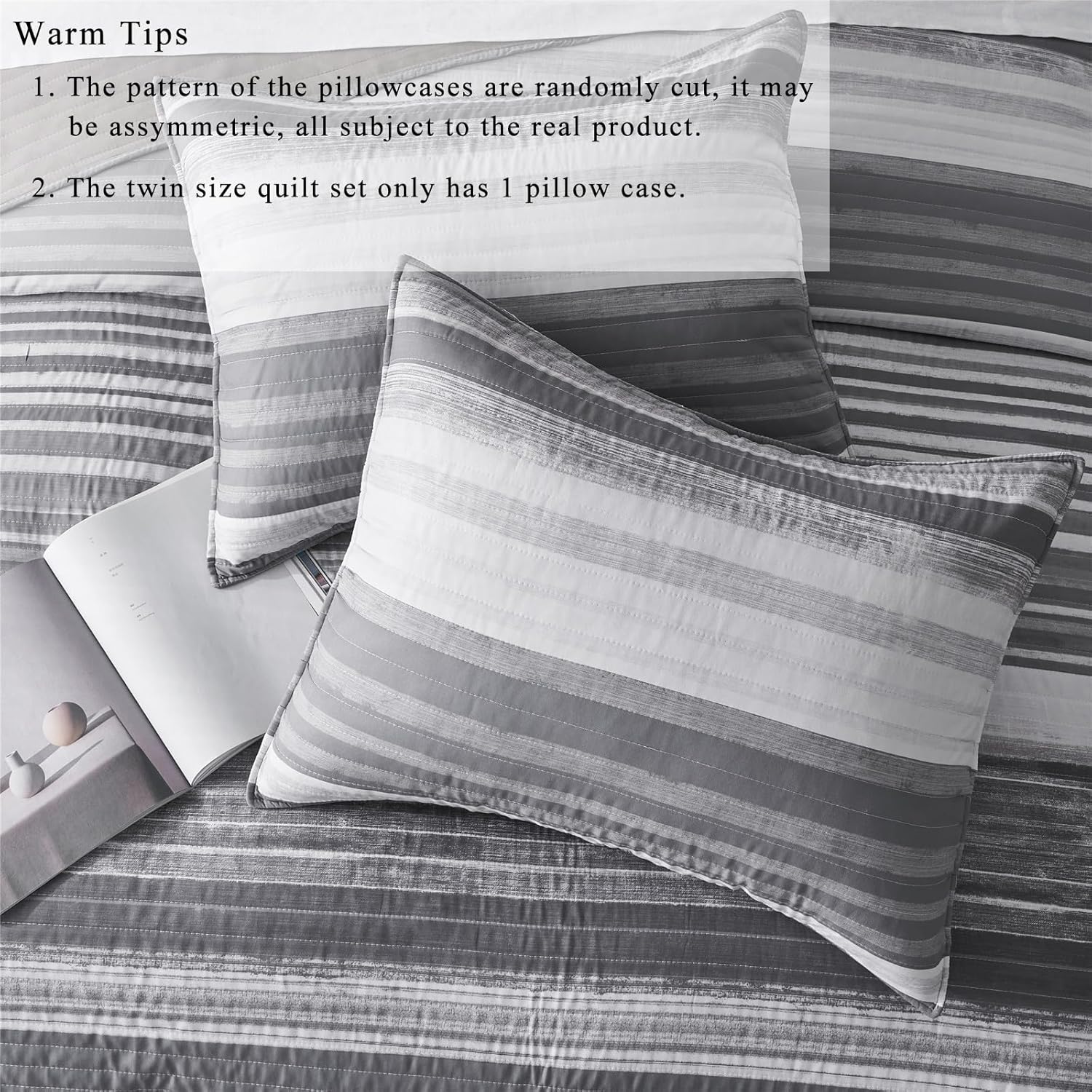 KAKIJUMN Quilt Set Full Queen White Grey Striped Bedding Coverlet with Pillow Shams