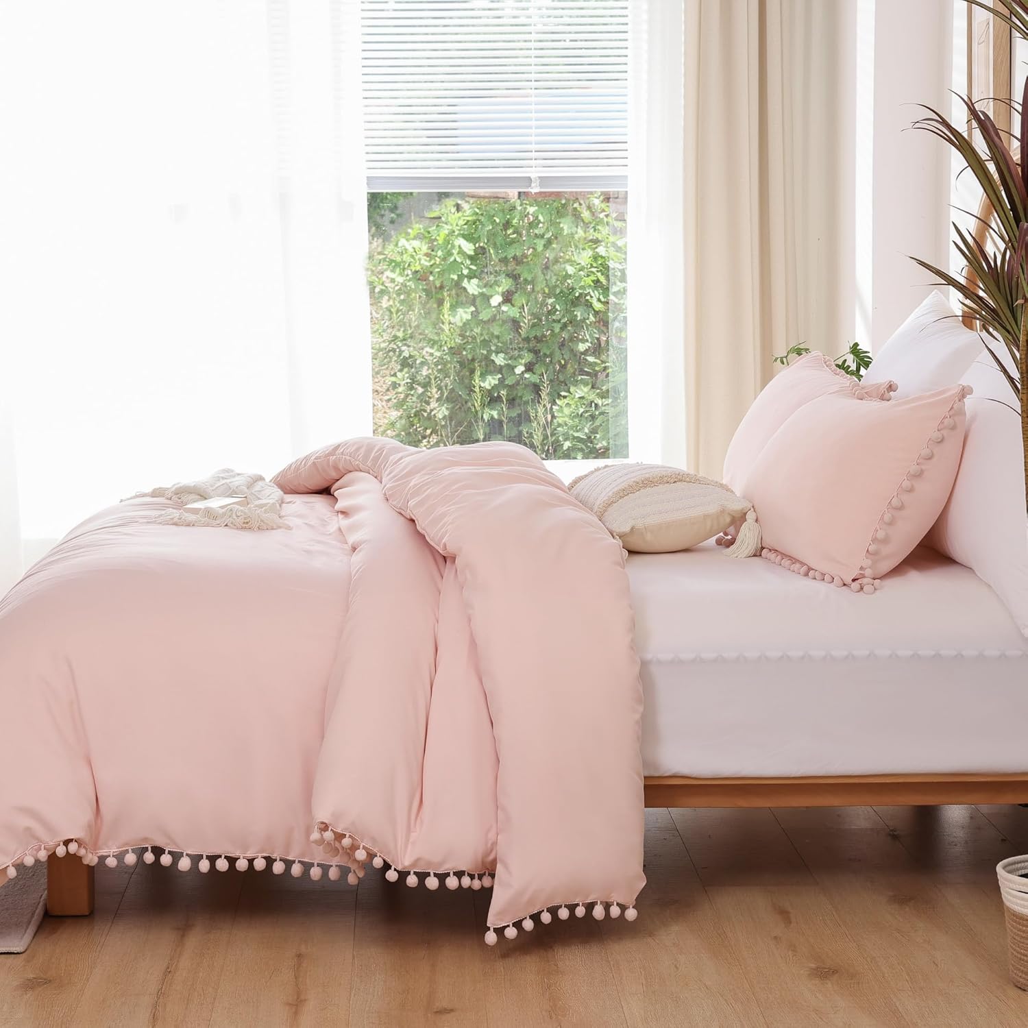 YIRDDEO Queen Comforter Set - 3 Piece with Pom Fringe Blush