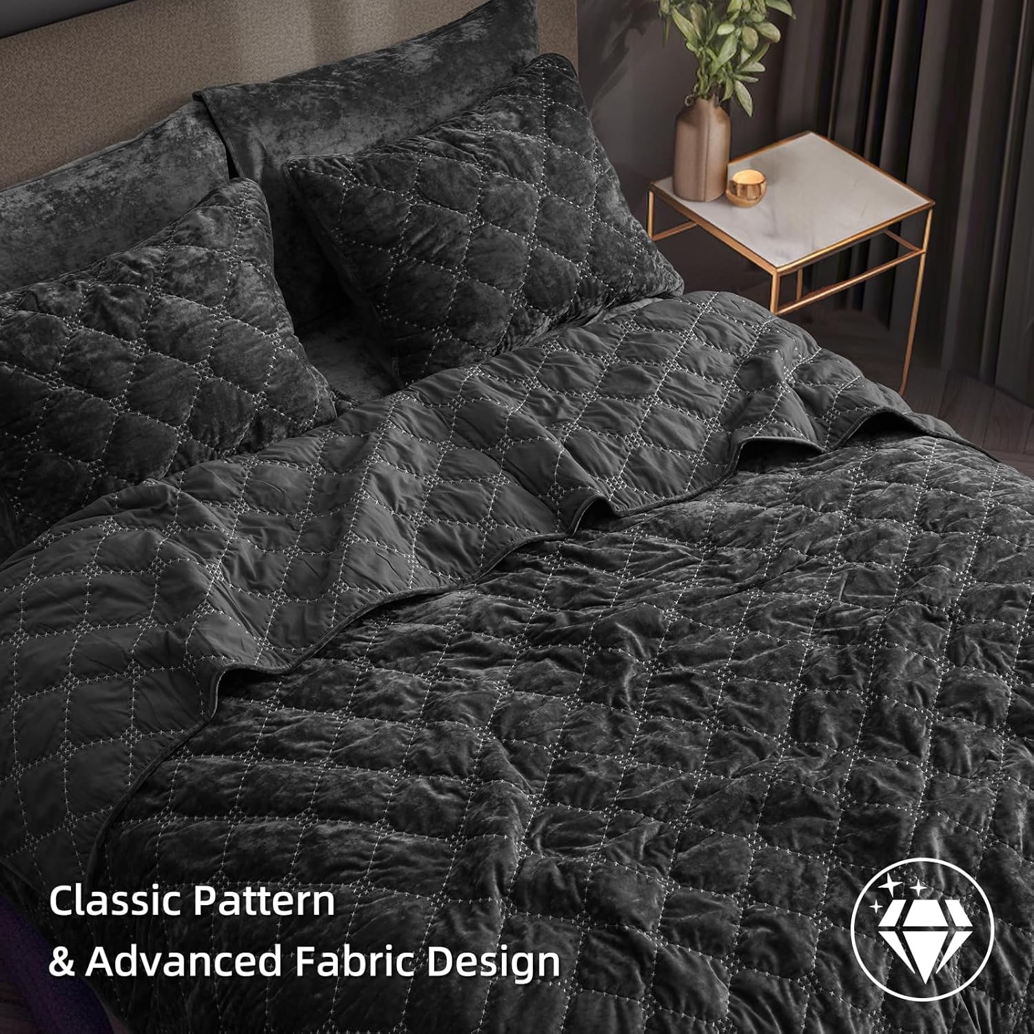 PHF Luxury Velvet Quilt Set King Size Black