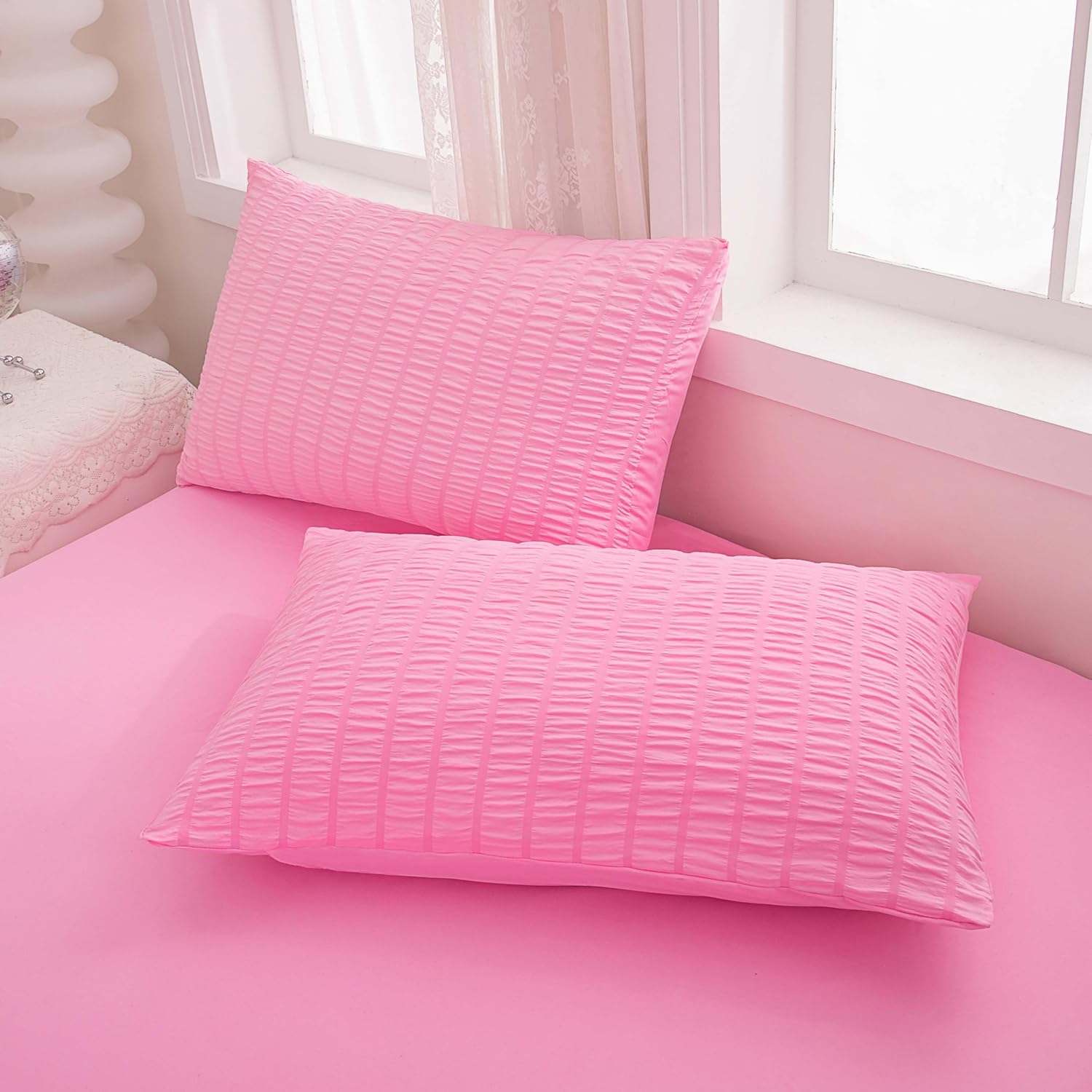 Yadangxiawa Twin Bed in a Bag Pink Seersucker Comforter Set 1