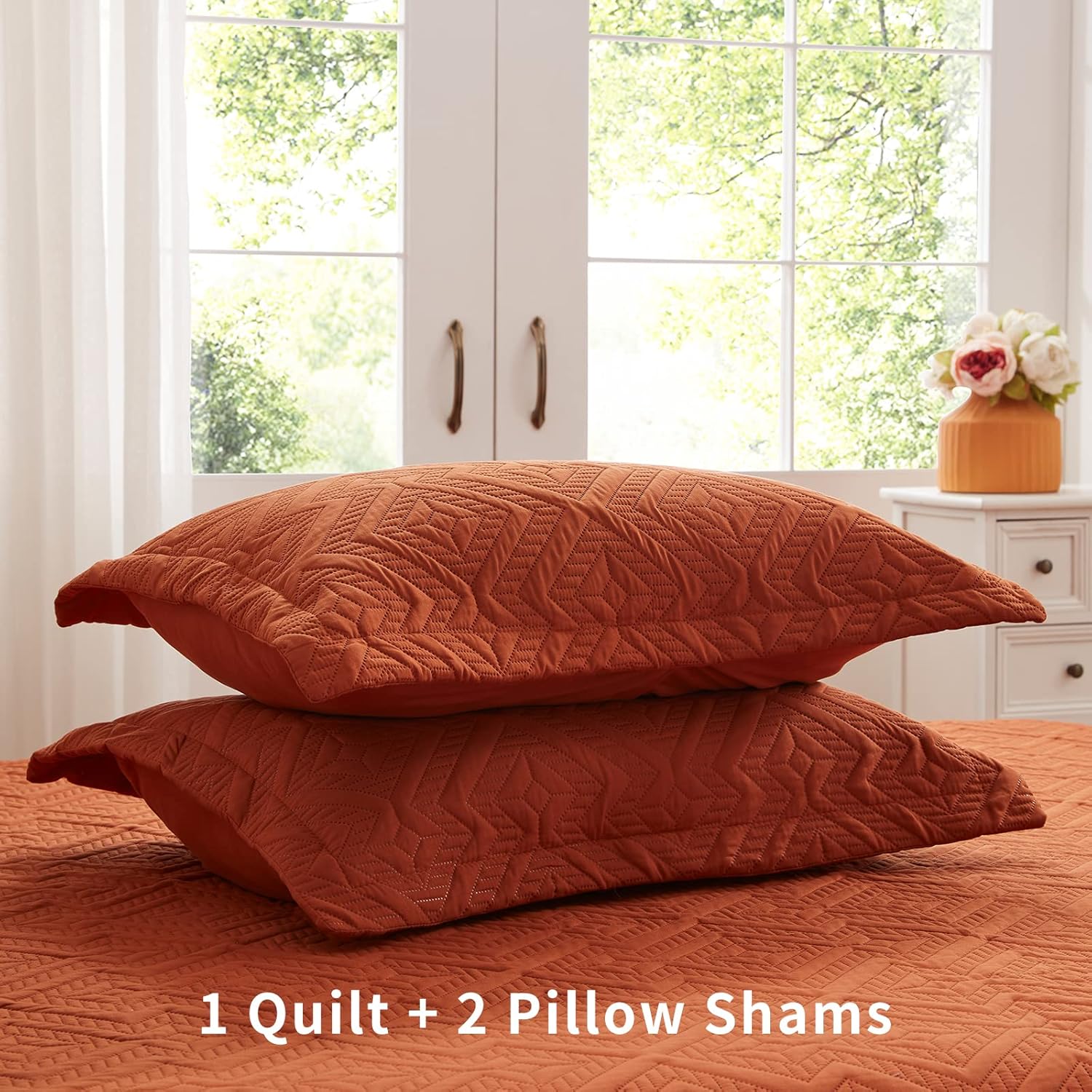 LEAONME Full Queen Quilt Set 3 Pieces Burnt Orange