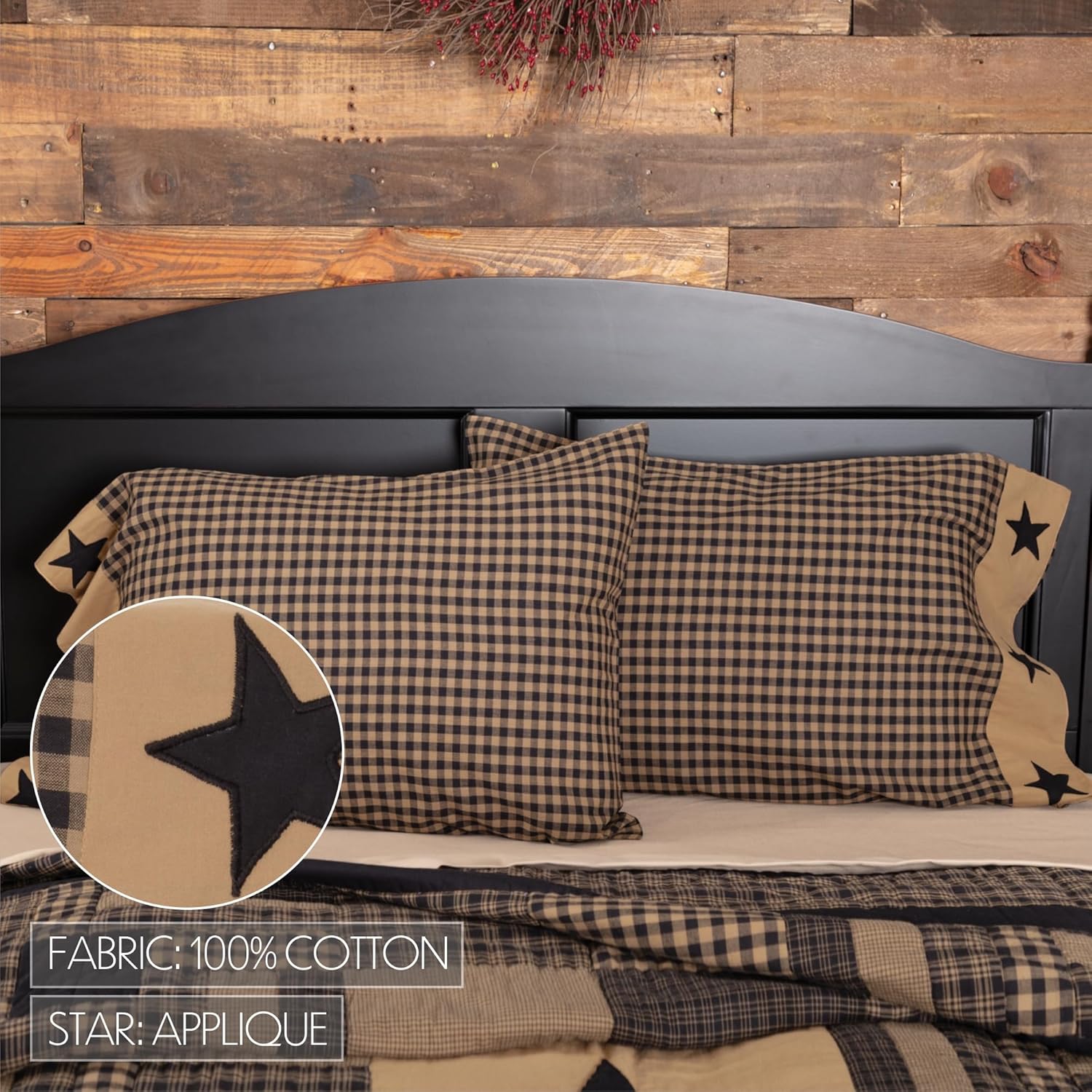 VHC Brands Black Check Star Queen Quilt Set
