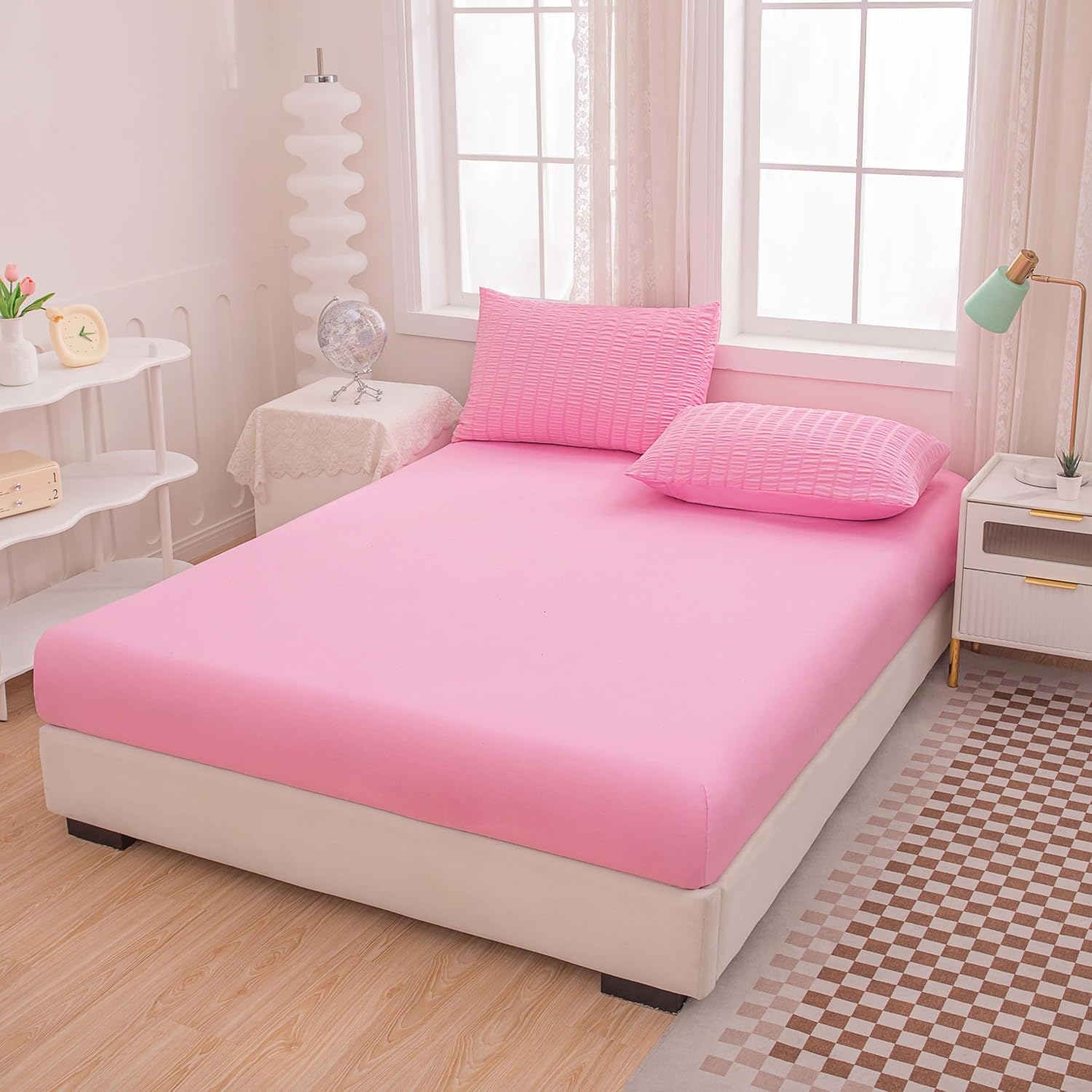 Yadangxiawa Twin Bed in a Bag Pink Seersucker Comforter Set 1