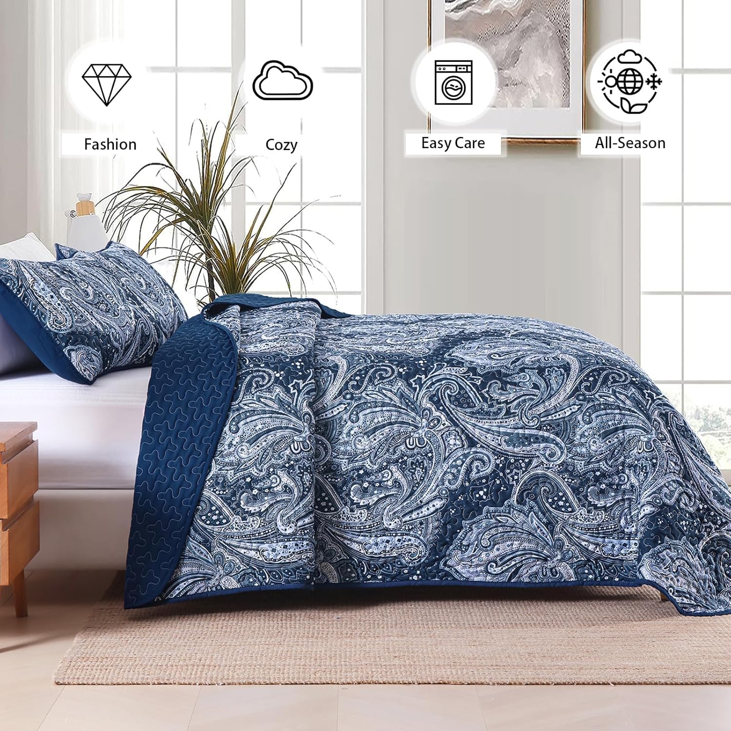 DJY Navy Paisley Quilt Set 3 Pieces King Size